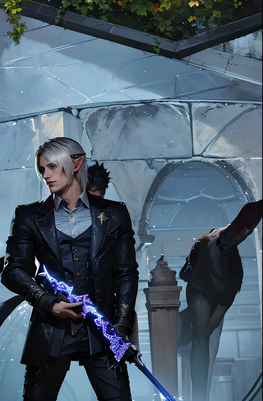 there is a man and a dog standing next to each other, thancred waters in style of wlop, vergil from devil may cry, as a character in tekken, vergil, thancred waters, johan liebert mixed with alucard, johan liebert mixed with dante, albert wesker, <mmorpgs scene, v from devil may cry as an elf