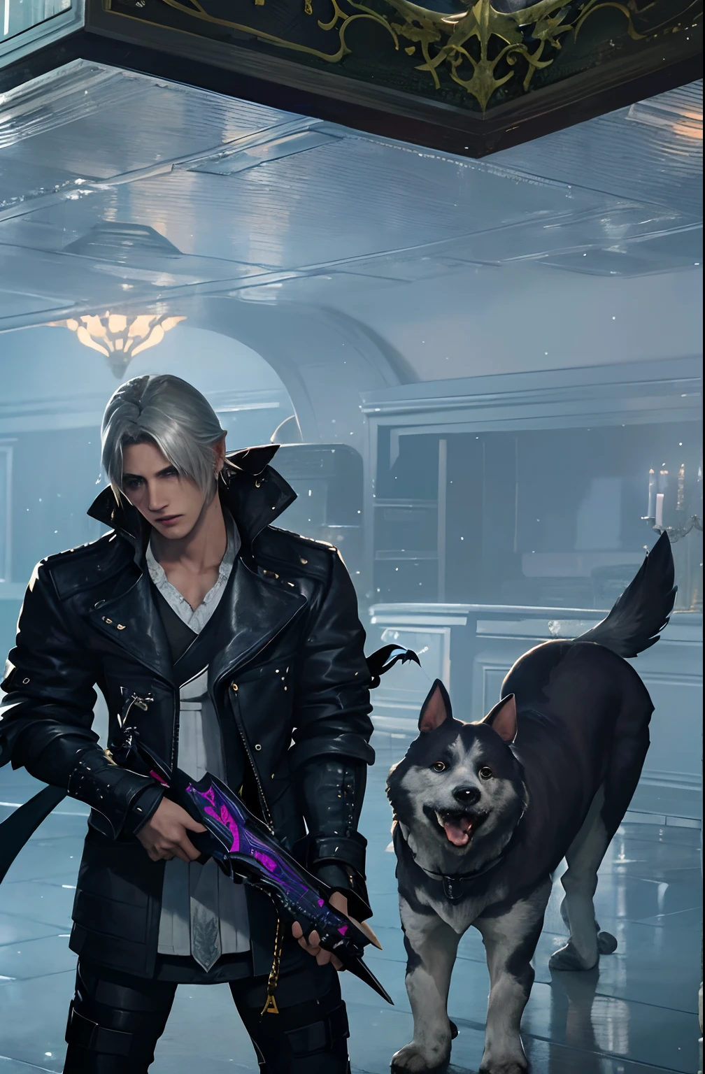 there is a man and a dog standing next to each other, thancred waters in style of wlop, vergil from devil may cry, as a character in tekken, vergil, thancred waters, johan liebert mixed with alucard, johan liebert mixed with dante, albert wesker, <mmorpgs scene, v from devil may cry as an elf