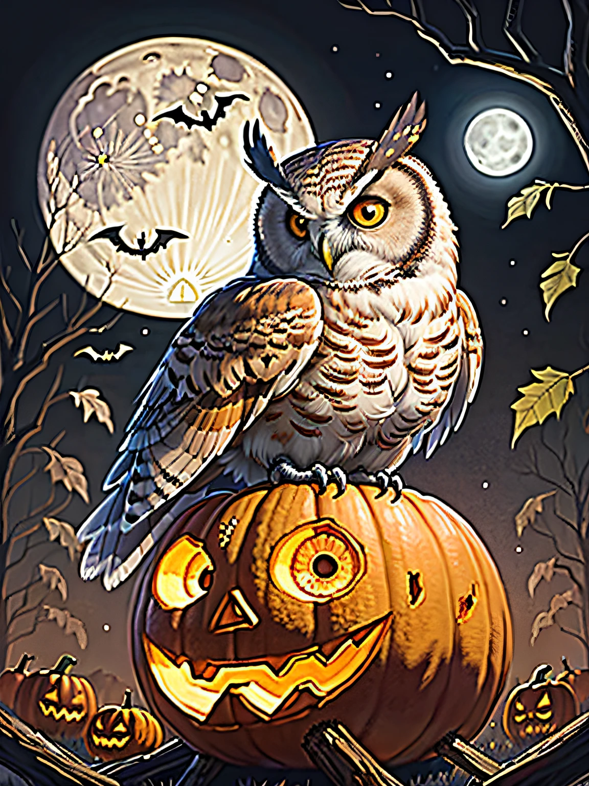 painting of an owl sitting on a pumpkin with a full moon in the background, halloween art style, halloween theme, glowing owl, lisa parker, background artwork, full color digital illustration, halloween celebration, detailed art, spooky halloween theme, detailed digital illustration, halloween night, over detailed art, autumn night, detailed digital artwork, halloween atmosphere, dark but detailed digital art