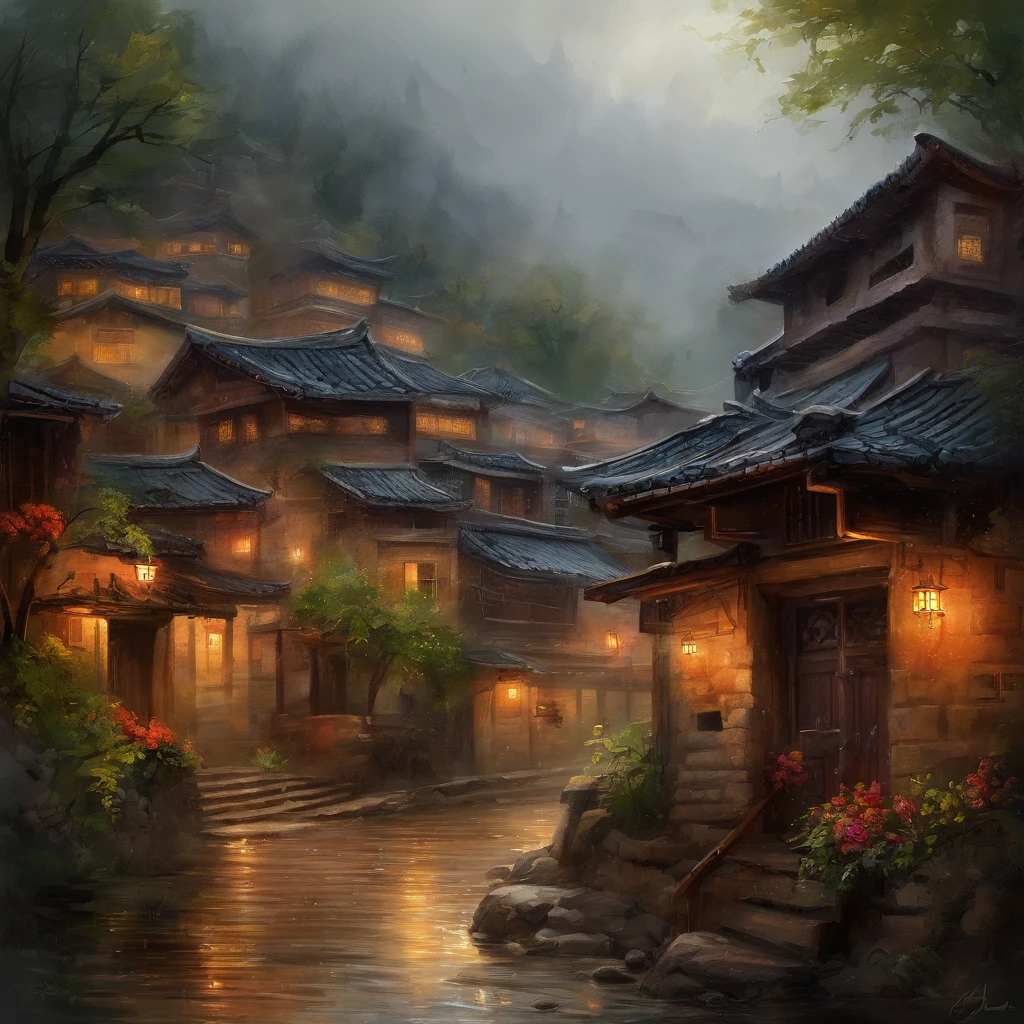 arafed view of a village with a lot of lights on the buildings, dreamy chinese town, chinese village, amazing wallpaper, japanese town, japanese village, hyper realistic photo of a town, old asian village, japanese city, by Raymond Han, rainy evening, cyberpunk chinese ancient castle, beautifully lit buildings, at evening during rain, beautiful and aesthetic, photography, cinematic, 8k, high detailed ((Heavy rain)))