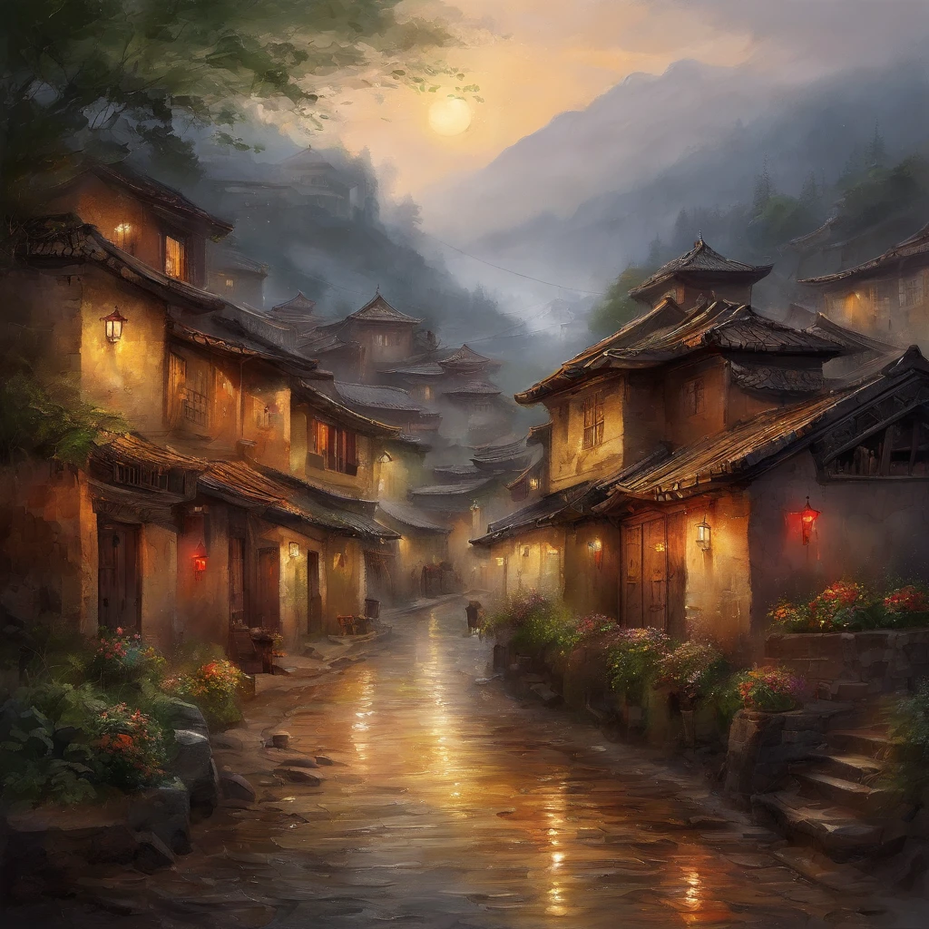 arafed view of a village with a lot of lights on the buildings, dreamy chinese town, chinese village, amazing wallpaper, japanese town, japanese village, hyper realistic photo of a town, old asian village, japanese city, by Raymond Han, rainy evening, cyberpunk chinese ancient castle, beautifully lit buildings, at evening during rain, beautiful and aesthetic, photography, cinematic, 8k, high detailed ((Heavy rain)))