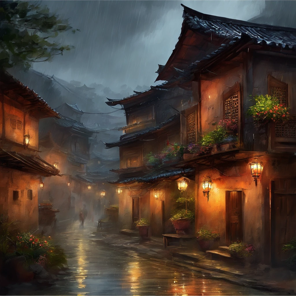 arafed view of a village with a lot of lights on the buildings, dreamy chinese town, chinese village, amazing wallpaper, japanese town, japanese village, hyper realistic photo of a town, old asian village, japanese city, by Raymond Han, rainy evening, cyberpunk chinese ancient castle, beautifully lit buildings, at evening during rain, beautiful and aesthetic, photography, cinematic, 8k, high detailed ((Heavy rain)))