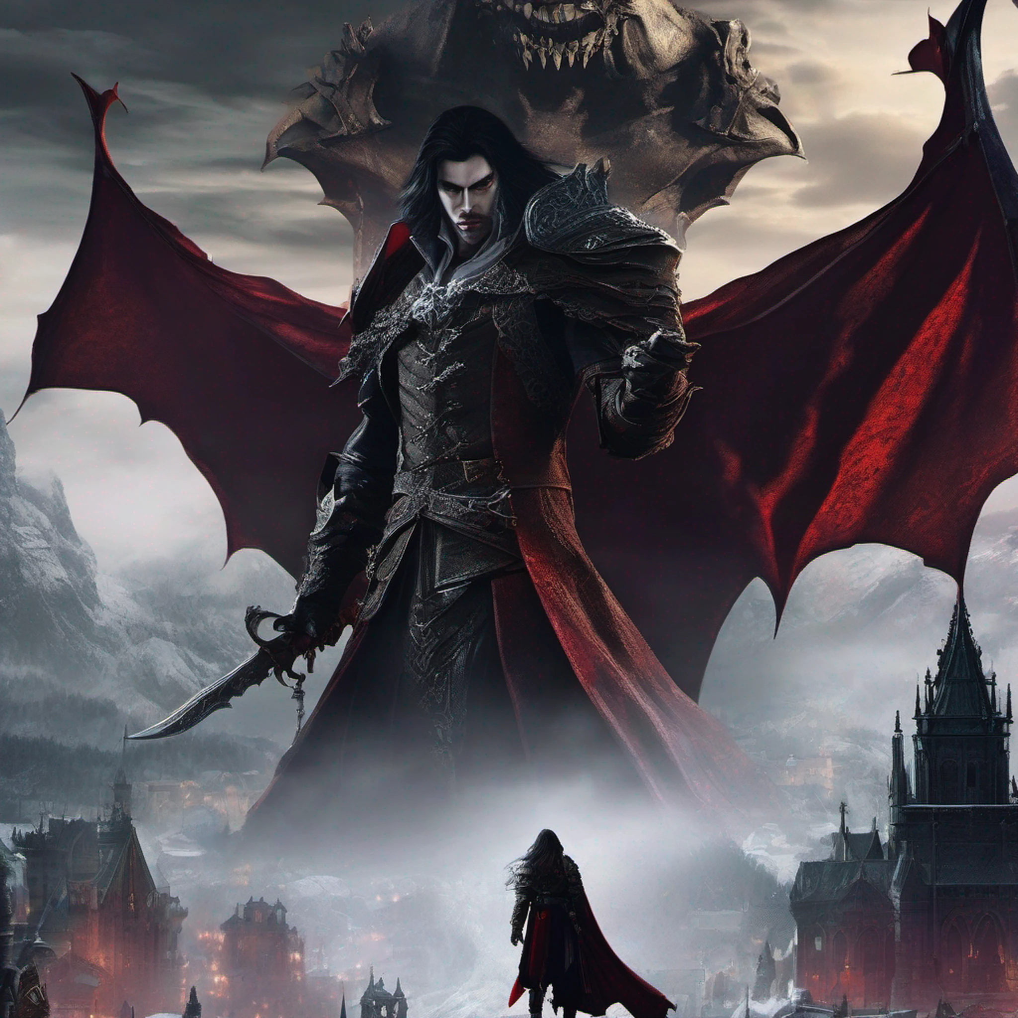 Castlevania lords of the shadows hiper realista super detalhado Dynamic shot master piece scene cinématique scènes movie Epic Legendary Lord Dracula poster movie with demons super detailed Dynamic shot