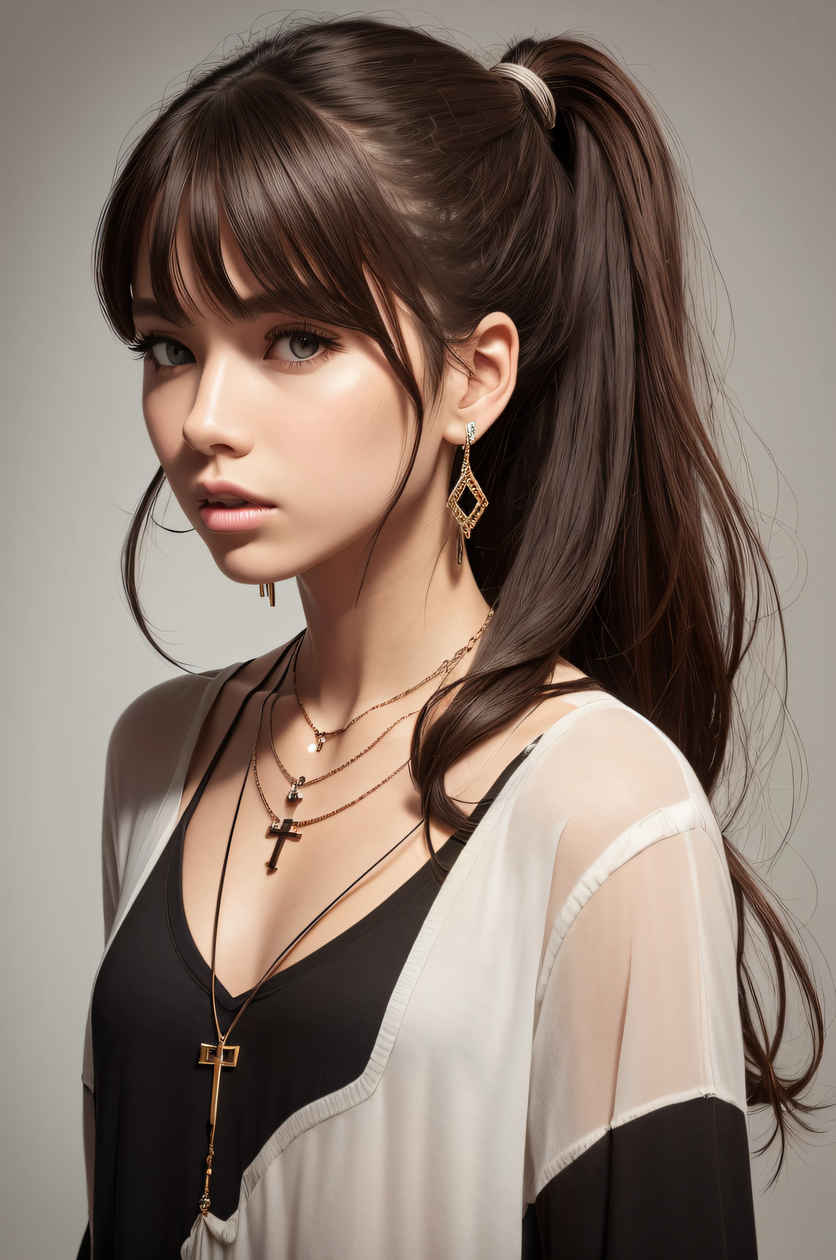 solo,jewelry,1girl,necklace,earrings,mouth hold,shirt,long hair,black shirt,upper body,brown hair,tying hair,hair tie in mouth,cross,realistic,ponytail,lips,hair tie,simple background,