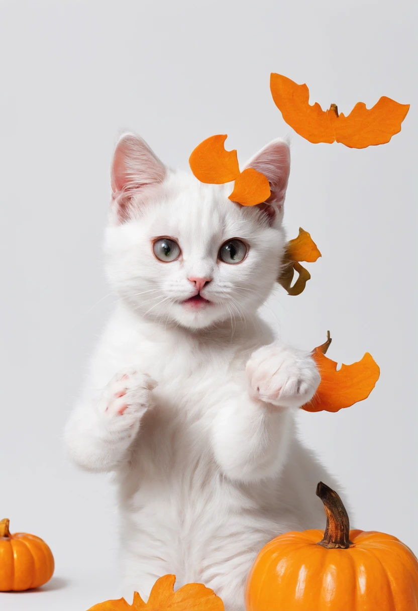 Kawaii Kittens playing with a small pumpkin, clean white background, high detail, coloring page, graffiti, thick lines, line art, white and black