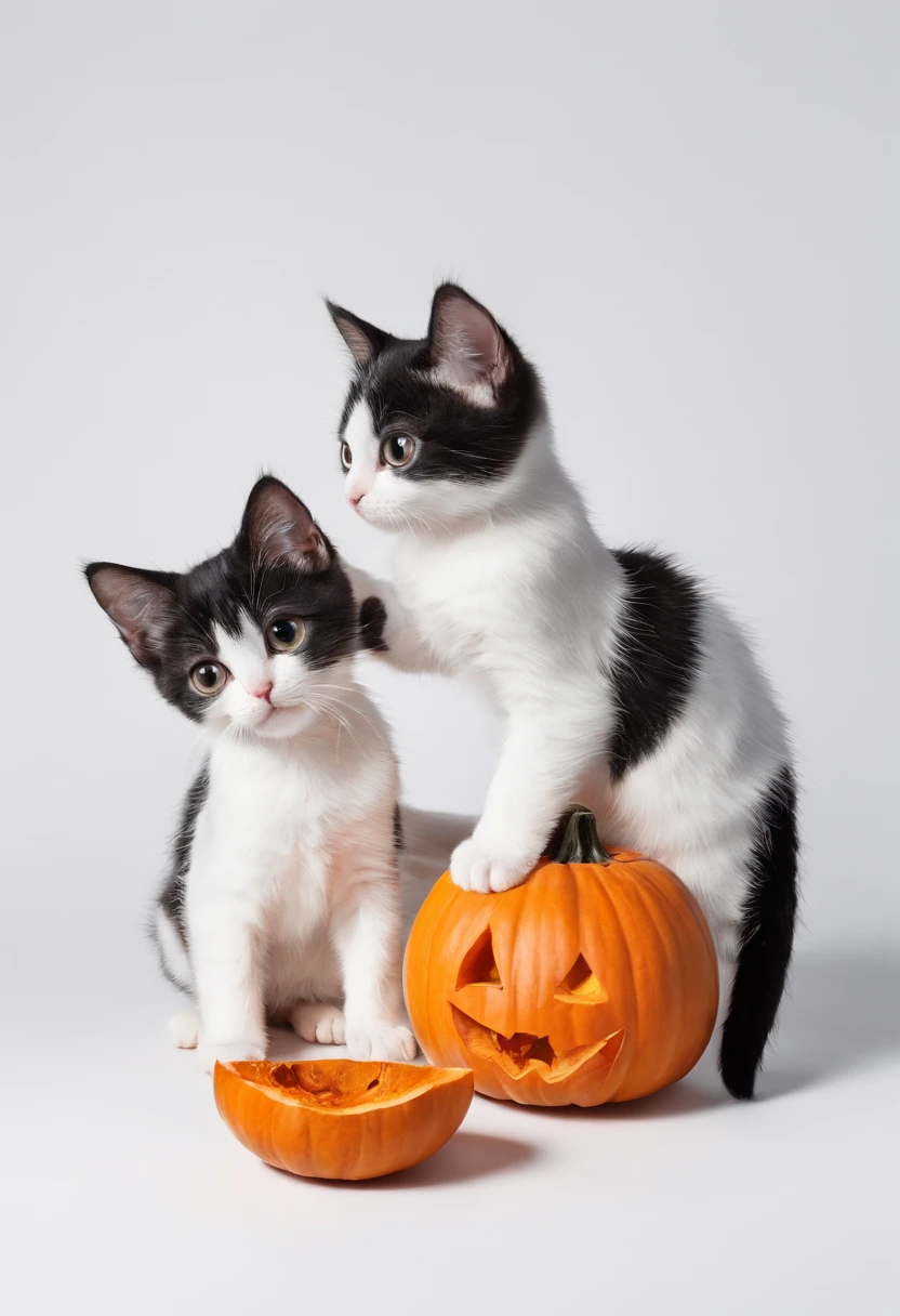 Kawaii Kittens playing with a small pumpkin, clean white background, high detail, coloring page, graffiti, thick lines, line art, white and black
