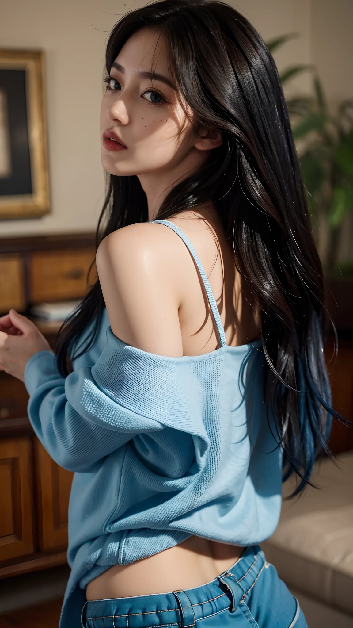 hyperrealistic, illustration, high resolution, 8K, extremely detailed, best illustration, beautiful detailed eyes, best quality, super detailed, masterpiece, wallpaper, detailed face, solo, 1 girl, blue wavy hair, korean, heterochromic eyes, small moles under the eyes, blue t-shirt top, bare shoulders, pants underneath, tight abs, chest leakage, background park, attractive pose, back pose,