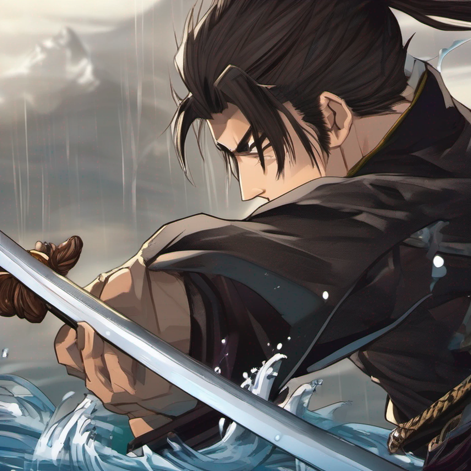 (Morte jogo homem vs mulher).Close-up of a samurai cutting water with his katana,cabelo preto longo com uma cicatriz na testa de um corte,homem adulto bonito,barba curta,Exprecion de pas and tranquility flowing like water,Mestre com a Espada,Samurai com quimono preto,Espada super afiada e brilhante,sob uma cachoeira,Cachoeira com pedras e um rio,Estilo anime,graphic art,alta qualidade,highes definition,obra prima,Qualidade de desenho profissional,Muitos detalhes,cores definidas,linhas grossas,