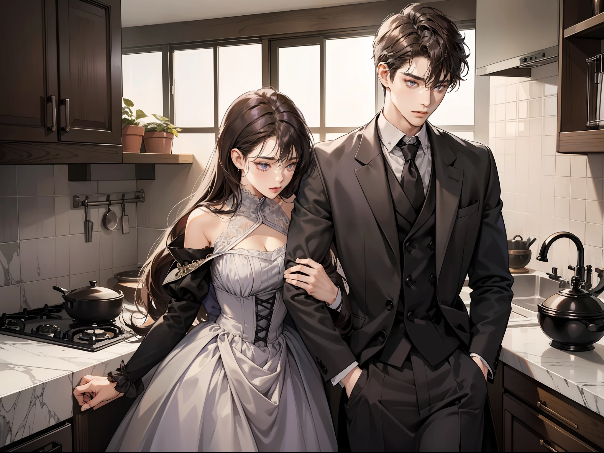 Couple, 1 girl 1 boy, different hair color, long black bang hair and purple eyes, (short dark brown hair and grey eye), romance, ((sexy dress)), Boy has grey eyes, Girl is shy, masterpiece, best quality, intimate, leaning against kitchen counter, (((accurate))), (sexy dark dress), (brown suit), Victorian era,