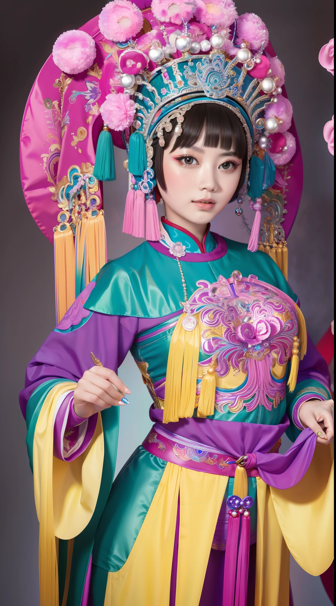 Masterpiece, Best quality, Masterpiece, Best quality, 1girll, beijing opera,tchibi，（tmasterpiece，top Quority，best qualtiy，offcial art，Beauty and aesthetics：1.2），（1girll：1.3），The is very detailed，（s fractal art：1.1），Most detailed，（ zentangle:1.2), full bodyesbian, (abstract backgrounds:1.3), (Shiny skin), (many color:1.4),