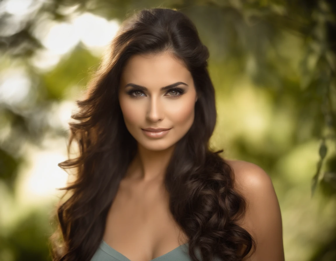 Mulher 21 anos, Serious, Bonita, pele negra, pele de oliva, cabelo preto, cabelo franja, cabelo longo, seios cobertos pelo cabelo, olhos verde azul, olhos profundo oceano, olhos hiperrealistas, corpo atletico, fundo: floresta amazonica cheia de arvores e bichos.