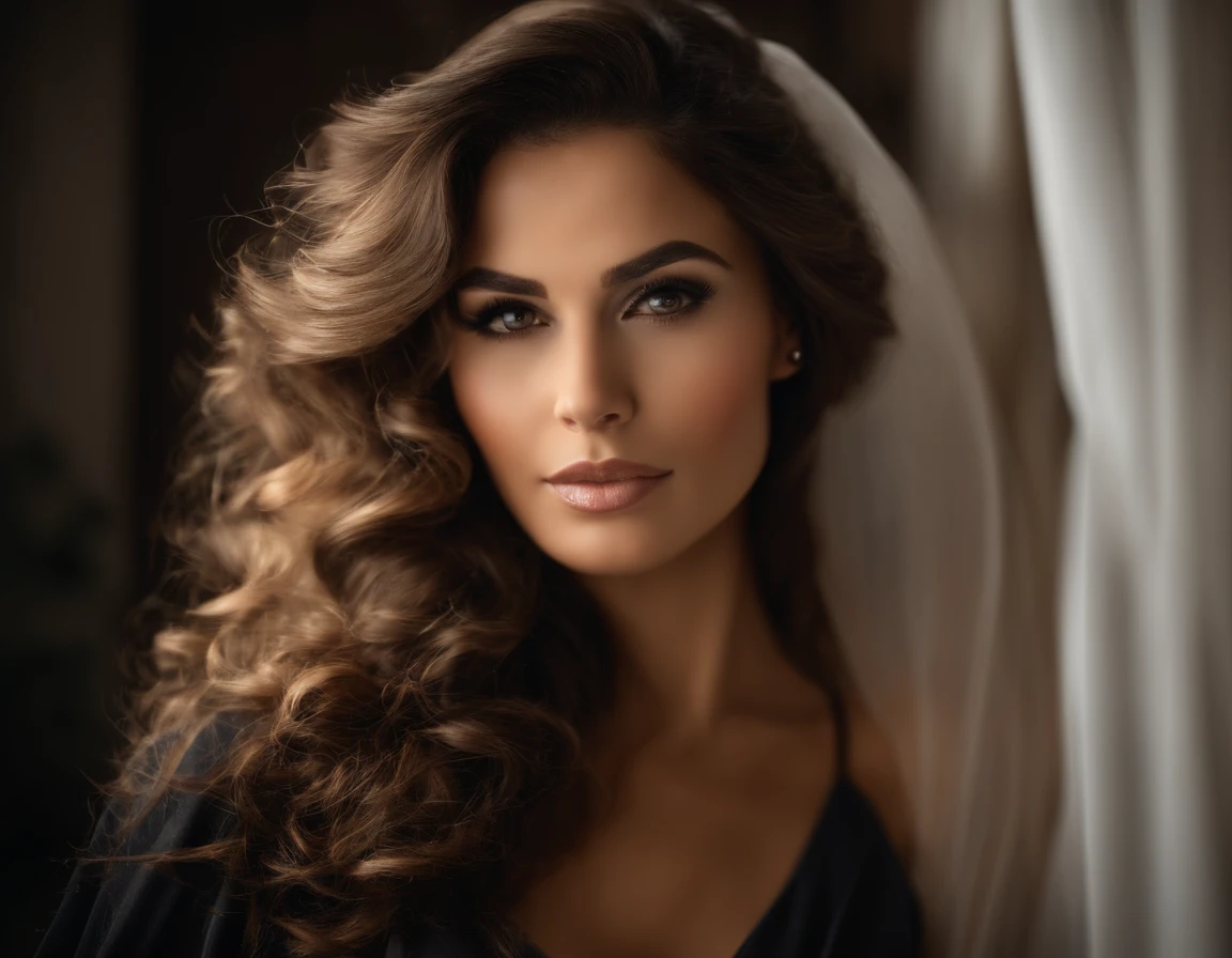 close up em uma mulher pele morena ohos castanhos e cabelos cacheados olhando fixamente para camera, ((cabelos longos e cacheados)), cabelos pretos e brilhantes, mulher morena com pele levemente clara, ambiente mistico, dynamic light, Dynamic shadows, Professional Photography, melhor qualidade, ultra detalhado,(Ultra realista),(Ultra Dealhado),(melhor qualidade),(Ultra Detalhado),(ambiente desfocado :1.5),(ambiente profundo)