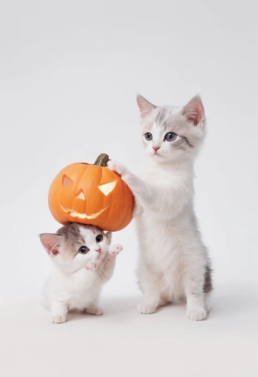 Kawaii Kittens playing with a small pumpkin, clean white background, high detail, coloring page, graffiti, thick lines, line art, only white and black
