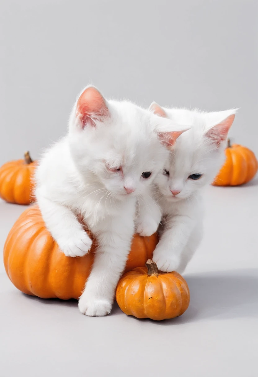 Kawaii Kittens playing with a small pumpkin, clean white background, high detail, coloring page, graffiti, thick lines, line art, only white and black