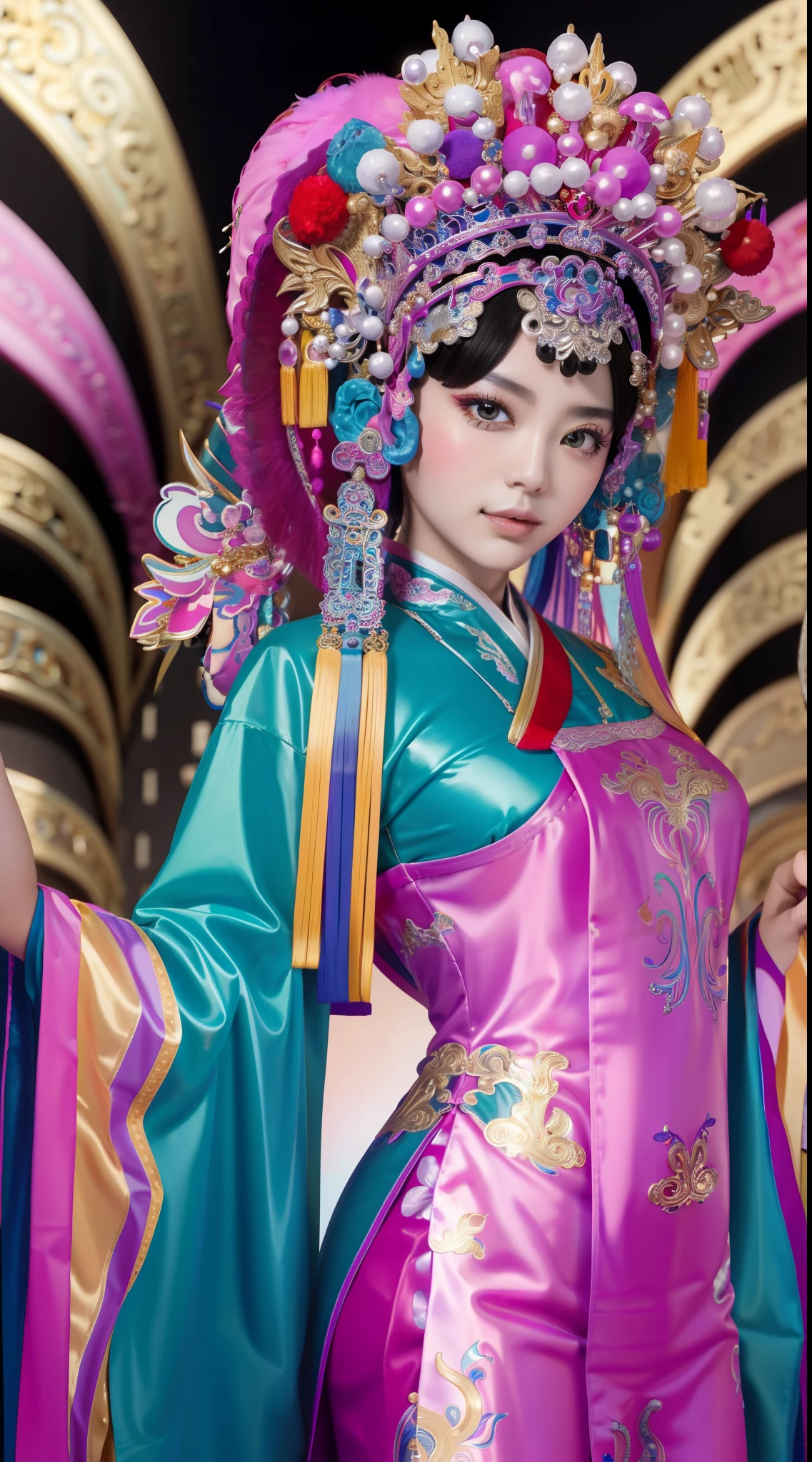 Masterpiece, Best quality, Masterpiece, Best quality, 1girll, beijing opera,tchibi，（tmasterpiece，top Quority，best qualtiy，offcial art，Beauty and aesthetics：1.2），（1girll：1.3），The is very detailed，（s fractal art：1.1），Most detailed，（ zentangle:1.2), full bodyesbian, (abstract backgrounds:1.3), (Shiny skin), (many color:1.4),