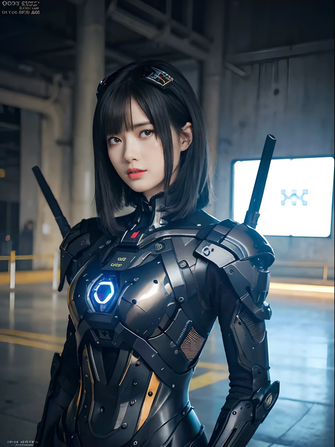 （Fight against mechanical robot soldiers）、top-quality、​masterpiece、超A high resolution、(Futuristic machine gun、holding knive),（Wearing a futuristic sun visor）、(Photorealsitic:1.4)、Raw photo、***1人、Black hair、glowy skin、((1 Mechanical Girl))、((super realistic details))、portlate、（Small LED lamp）、Wire tubes that glow all over the body、(With state-of-the-art weapons),globalillumination、Shadow、octan render、8K、Armpit、ultrasharp、Colossal tits、Small LED lamp、Raw skin is exposed in cleavage、metals、blood vessels connected to tubes、With weapons、Red bodysuit、Armpit、Cyberpunk city background、Details of complex ornaments、Japan details、highly intricate detail、Realistic light、CGSoation Trends、Blue eyes、radiant eyes、Facing the camera、neon details、（Helmet of the Brave）、Mechanical limbs、blood vessels connected to tubes、Mechanical vertebrae attached to the back、mechanical cervical attaching to neck、Wires and cables connecting to the head、Gundam、Small LED lamp、Toostock、Toostock、Futuristic machine gun、Knives、