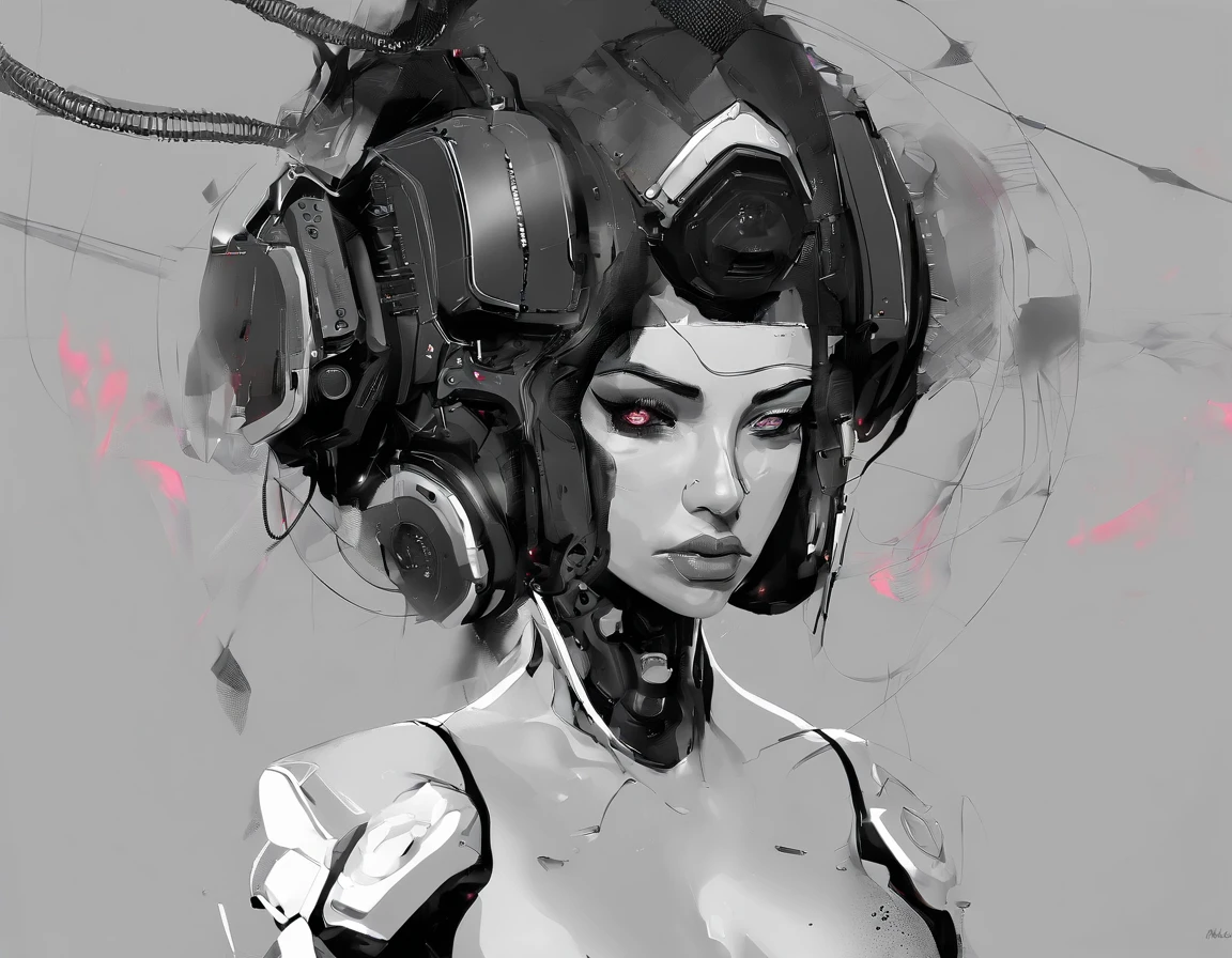portrait of a cybernetic robot, pulp art inspired by the art of Margaret Brundage and Rolf Armstrong, completed in a Chinese ink painting style (xieyi), loose brush strokes and slight hints of color on an otherwise black and white image, evocative eyes look down on the viewer, dynamic pose in front of a gray metropolis city from Fritz Lang, use of negative space, ink wash and watercolor