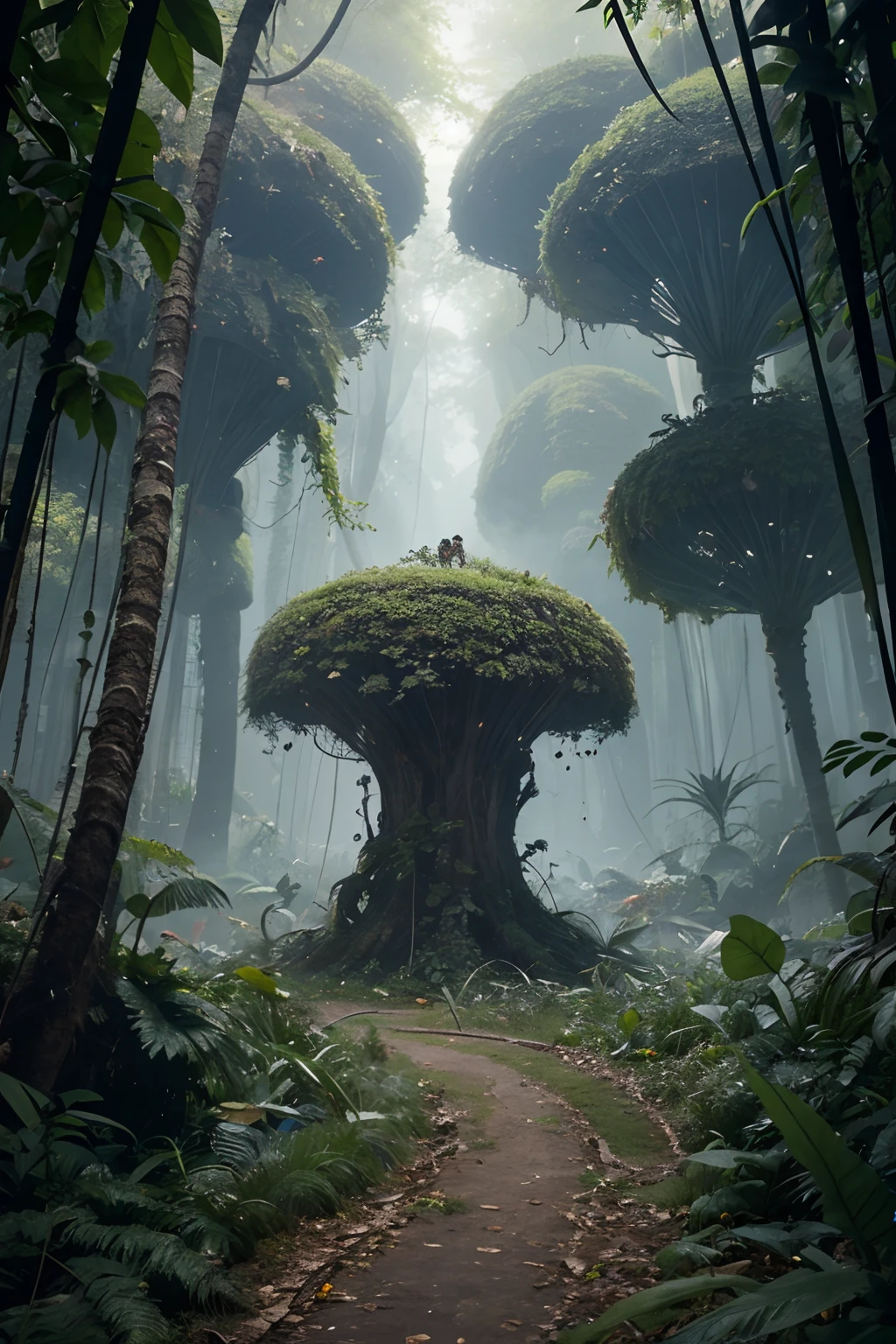 A detailed and intricate digital illustration of a dense jungle full of exotic flora and fauna, with sunlight filtering through the canopy creating a dappled effect. Yoshitaka Amano and Hayao Miyazaki's style, masterpieces, proportions, details, art station trends, beautiful lighting, realistic, intricate, award winning, 4k, highest quality award winning, 4K digital painting in the style of Yoshitaka Amano. A detailed and intricate depiction of the zombie apocalypse, masterfully capturing the chaos and drama of the scene. Beautiful lighting and cinematic composition make this piece a true masterpiece, trending on artstation