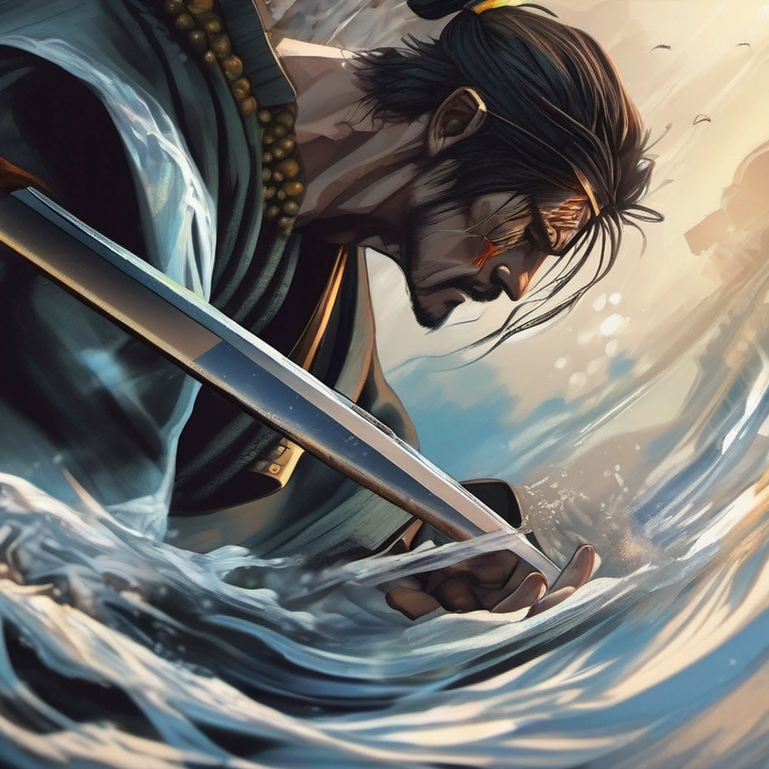 (Morte jogo homem vs mulher).Close-up of a samurai cutting water with his katana,cabelo preto longo com uma cicatriz na testa de um corte,homem adulto bonito,barba curta,Exprecion de pas and tranquility flowing like water,Mestre com a Espada,Samurai com quimono preto,Espada super afiada e brilhante,sob uma cachoeira,Cachoeira com pedras e um rio,Estilo anime,graphic art,alta qualidade,highes definition,obra prima,Qualidade de desenho profissional,Muitos detalhes,cores definidas,linhas grossas,