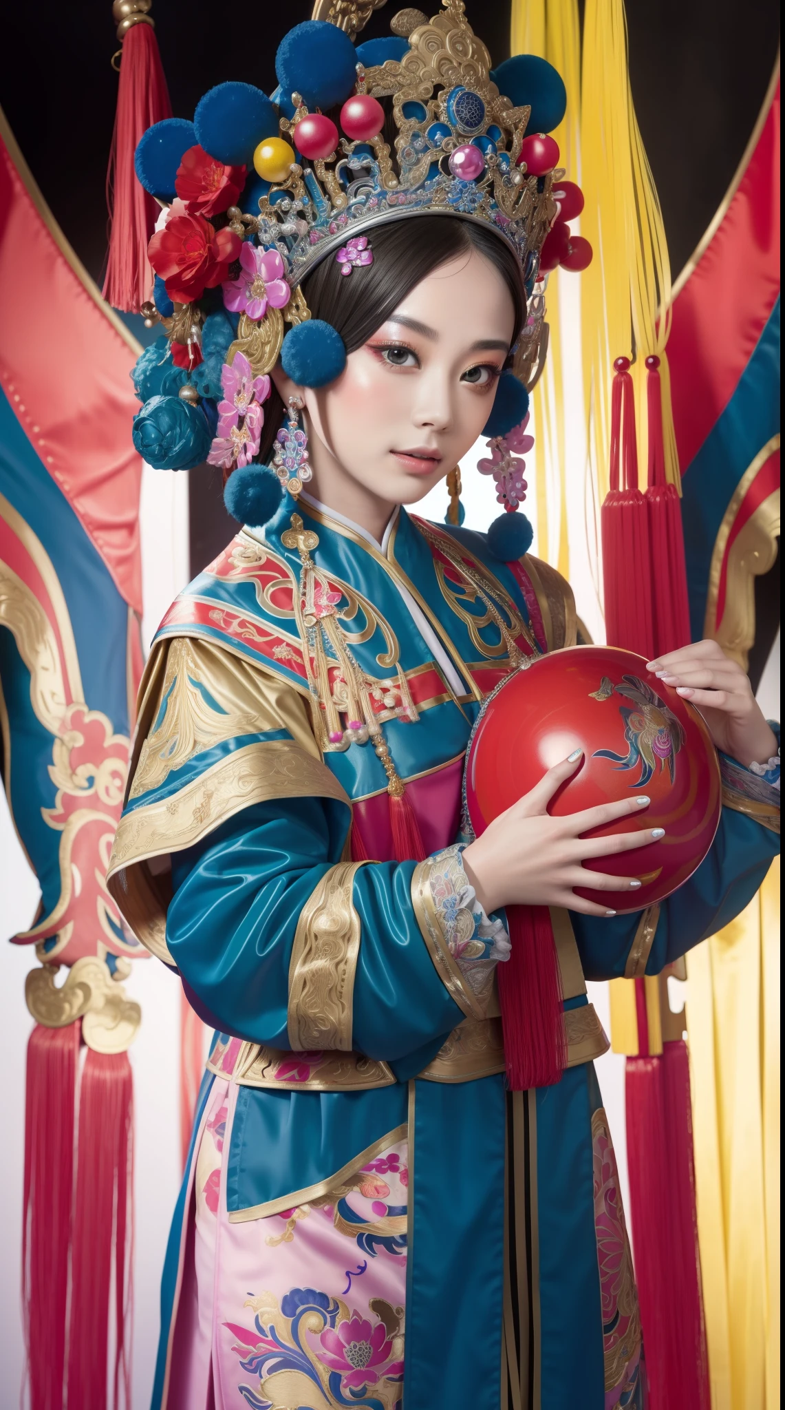 Masterpiece, Best quality, Masterpiece, Best quality, 1girll, beijing opera,tchibi，（tmasterpiece，top Quority，best qualtiy，offcial art，Beauty and aesthetics：1.2），（1girll：1.3），The is very detailed，（s fractal art：1.1），Most detailed，（ zentangle:1.2), full bodyesbian, (abstract backgrounds:1.3), (Shiny skin), (many color:1.4),