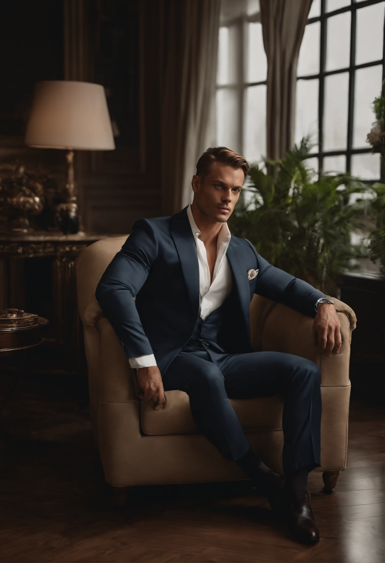 loid_forger, solo, looking at viewer, short hair, blue eyes, blonde hair, shirt, gloves, 1boy, sitting, jacket, white shirt, male focus, black gloves, pants, indoors, spread legs, open jacket, muscular, formal, abs, cat, suit, pectorals, big huge bulge, couch, green jacket, unbuttoned, green pants,
