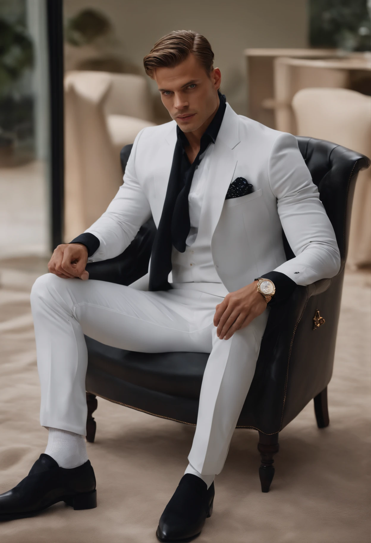 A young man,Handsome,well-muscled,Hairy body,white sock,Ultra-thin tights(Detailed eyes:1.3),Naked topless,Nudity Everywhere,Black eyes,massive bulge,Black hairs protruding from the bulge,full body Esbian,Character sitting on a chair with arms raised, Dark hair (neck-length hair tied in a ponytail,), Nice Pose, Handsome man, Pretty Face, royal elegant pose, businessman, (In a striped blazer), (The surrounding environment is a luxurious and classic living room) (Sandtone imagery) handsome face, ultra realistic, royalty prince looking, old money aesthetic, Swedish looking, Joel Kinnaman lookalike, classy suit, Rolex, classic car in the background, royalty looking, wearing Ralph Lauren suit