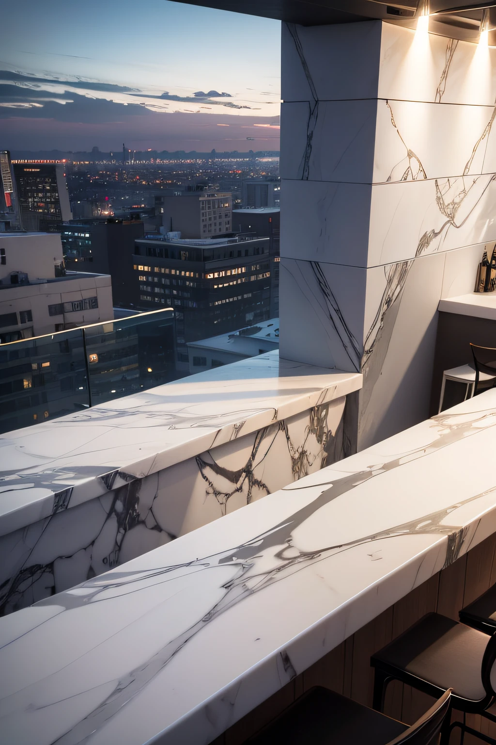 Produce a picture of a chic rooftop bar with a marble slab bar top and accent wall