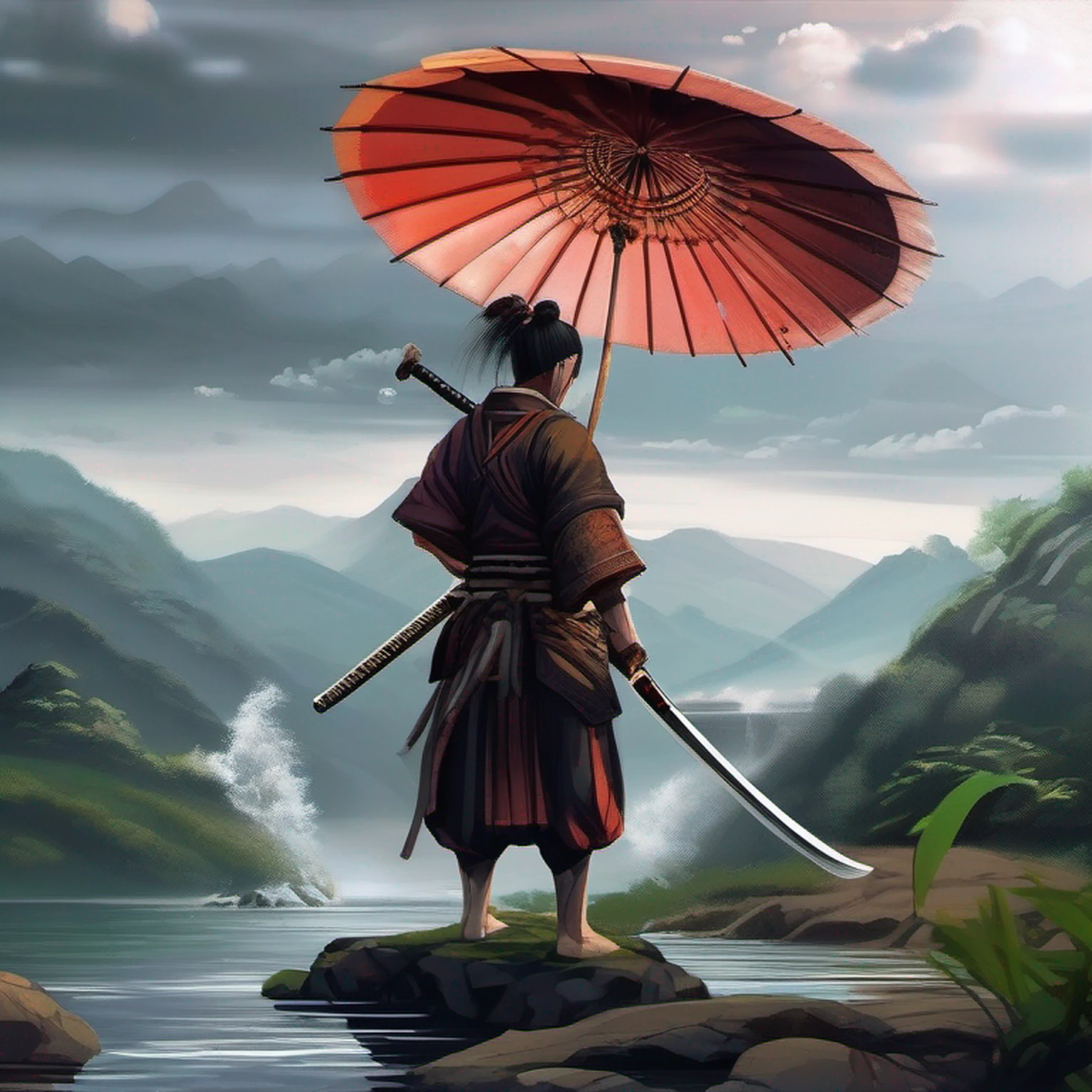 (Morte jogo homem vs mulher).Close-up of a samurai cutting water with his katana,cabelo preto longo com uma cicatriz na testa de um corte,homem adulto bonito,barba curta,Exprecion de pas and tranquility flowing like water,Mestre com a Espada,Samurai com quimono preto,Espada super afiada e brilhante,sob uma cachoeira,Cachoeira com pedras e um rio,Estilo anime,graphic art,alta qualidade,highes definition,obra prima,Qualidade de desenho profissional,Muitos detalhes,cores definidas,linhas grossas,