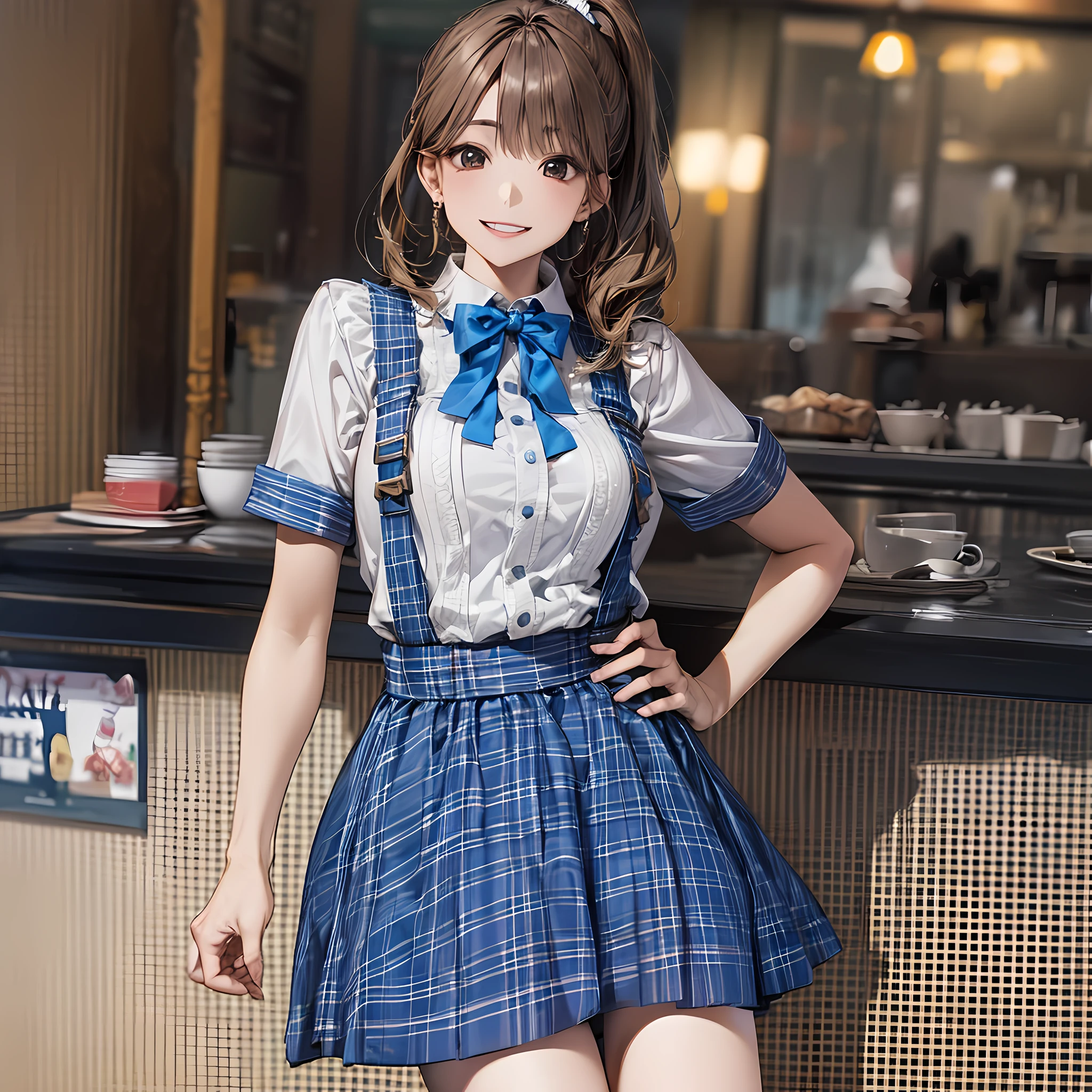 (full body:1.5), (absurdres, highres, ultra detailed,dynamic angle, cinematic lighting), 
BREAK, (Best Quality, Beautiful detailed), absurdres, highres, 8K,(detailed background),(small parts), 
BREAK, (She is serving customers at a café), ((gingham-check suspender-apron:1.3), (solid-blue high-waist skirt:1.3), (apron over skirt:1.2), (white blouse:1.3), (double-breasted,underbust:1.2), short sleeves, button gap, (solid-blue bow-tie:1.2):1.6, smile, coffee, stylish café, finaly detailed background), 
BREAK, "((1 cute girl)), (detailed facial features), nffsw, Perfect Style, Beautiful face, Anatomically correct, Highly detailed face and skin texture, Glossy skin, Ayana_2nd, beautiful eyes, standing on beautiful eyes, smiling eyebrows, (smile:1.5), (ponytail brown hair:1.5), (The color of the girl's eyes is dark brown:1.2), 
BREAK, (stylish café,(café):1.3),