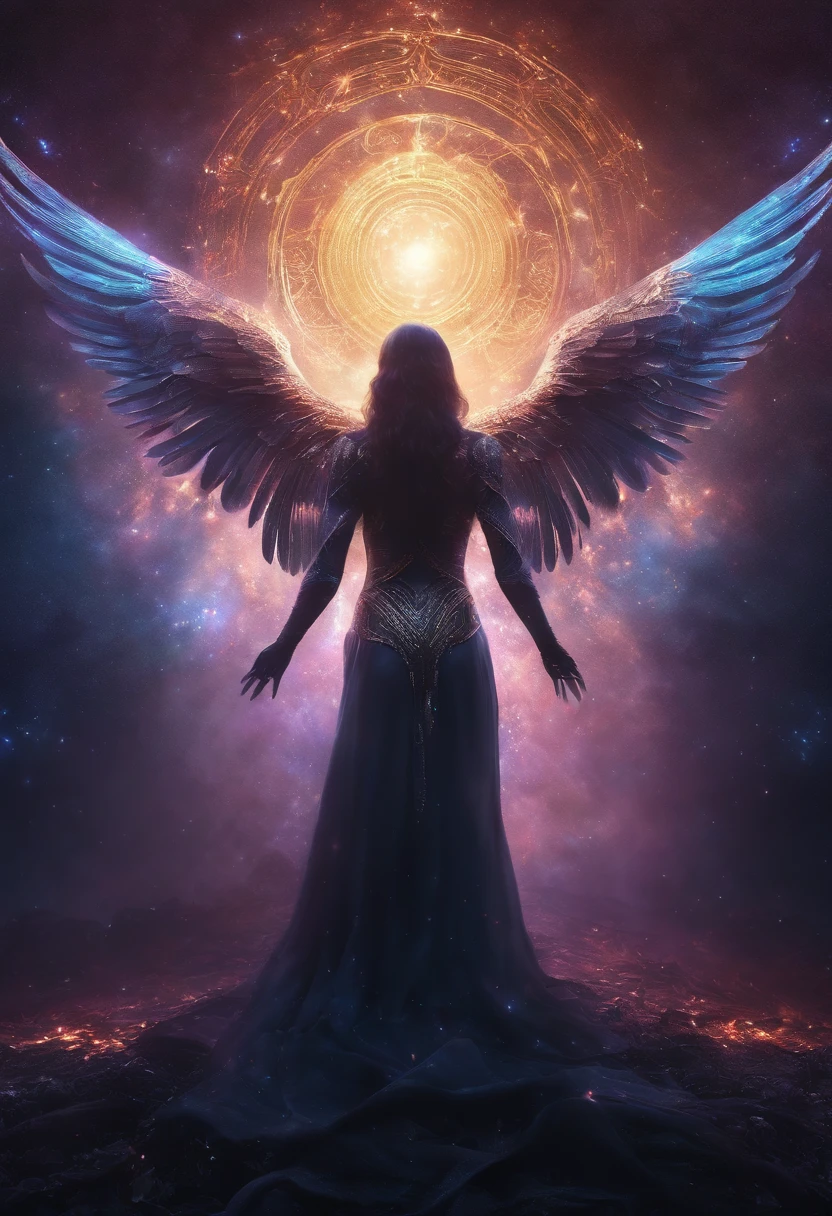 Cosmic Fallen Angel, glowing light eyes, Biomechanical, eerie, Creepy, nightmarish, Very bright colors, Light particles, with light glowing, Mshiff, wallpaper art, UHD wallpaper