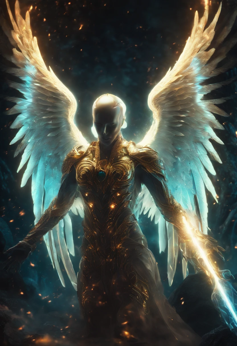 Cosmic Fallen Angel, glowing light eyes, Biomechanical, eerie, Creepy, nightmarish, Very bright colors, Light particles, with light glowing, Mshiff, wallpaper art, UHD wallpaper