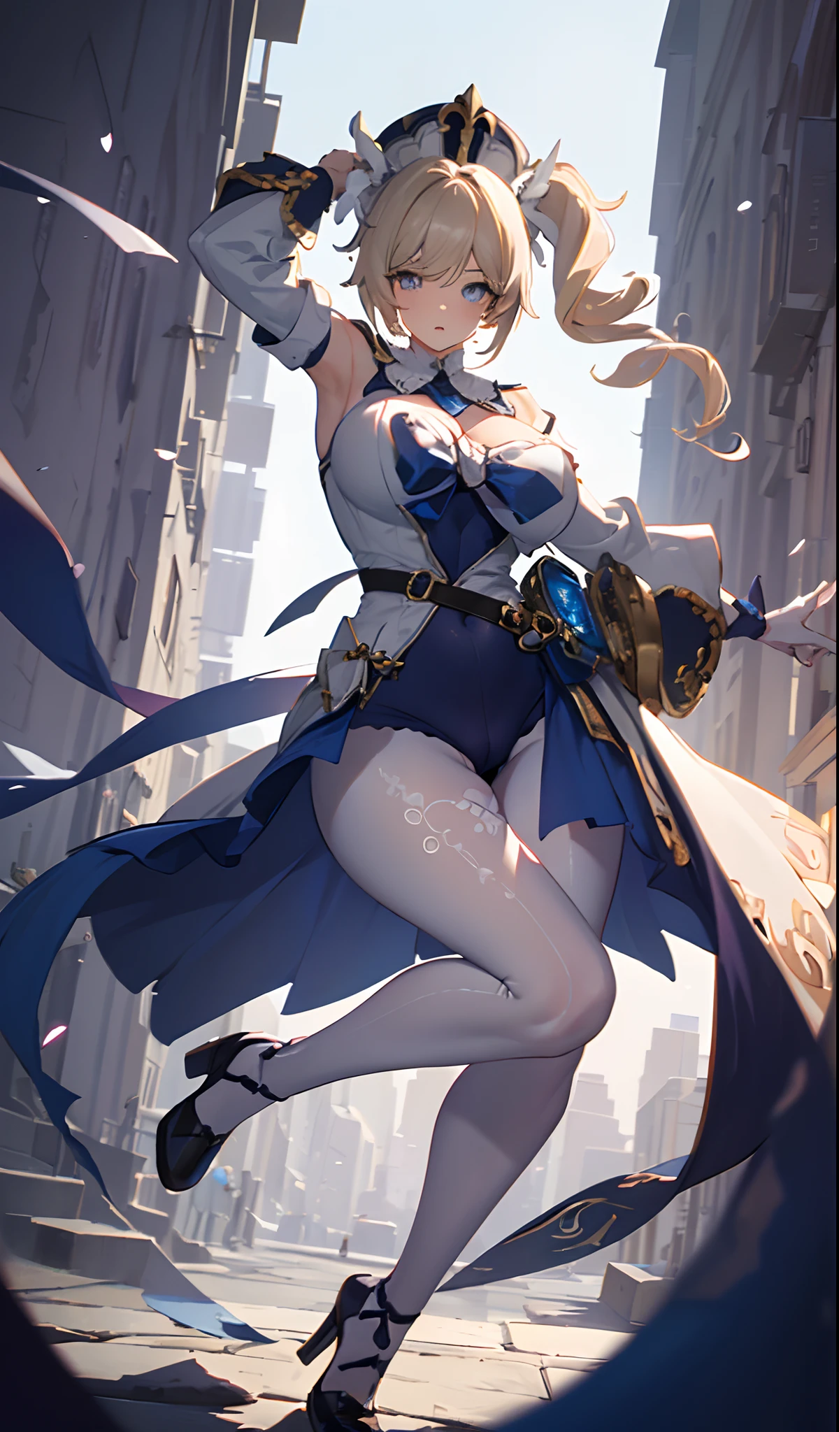 mastepiece, official art, realistic shaded perfect body, seductive barbaradef portrait, barbaradef, 4k, 1girl, solo,cowboy shot, long hair, up skirt,micro skirt, outdoor, white pantyhose, blush, shy, walking, low angle shot, (((best quality))), ((Ultra-detailed)), (Illustration), ((extremely delicate and beautiful)),looking at viewer, medium breasts, pantyhose,cyan eyes, blond hair, blue bow, blue bowtie, (blueskirt:1.4), shirt,solo, striped, striped bow, striped bowtie, swept bangs, white shirt,(huge ass:1.4),(wide hips,narrow waist:1.3), naughty face, flustered, surprised,(masterpiece, best quality:1.4),high quality, highly detailed,detailed,perfect,(Highres), (Detailed Illustration), Ultra-Detailed, Ambient Light, Realistic Shadows, Detailed Face, (Detailed Hair:1.2), Dim Lighting, Indirect Lighting, Reflections, Detailed Face, (Detailed Hair:1.2), (Desaturated:1.4), (Hyper-Detailed Eyes:1.2), (Detailed Hair:1.2), (Hyper-Detailed Eyes:1.4), (Detailed Eyes:1.6),Standing,