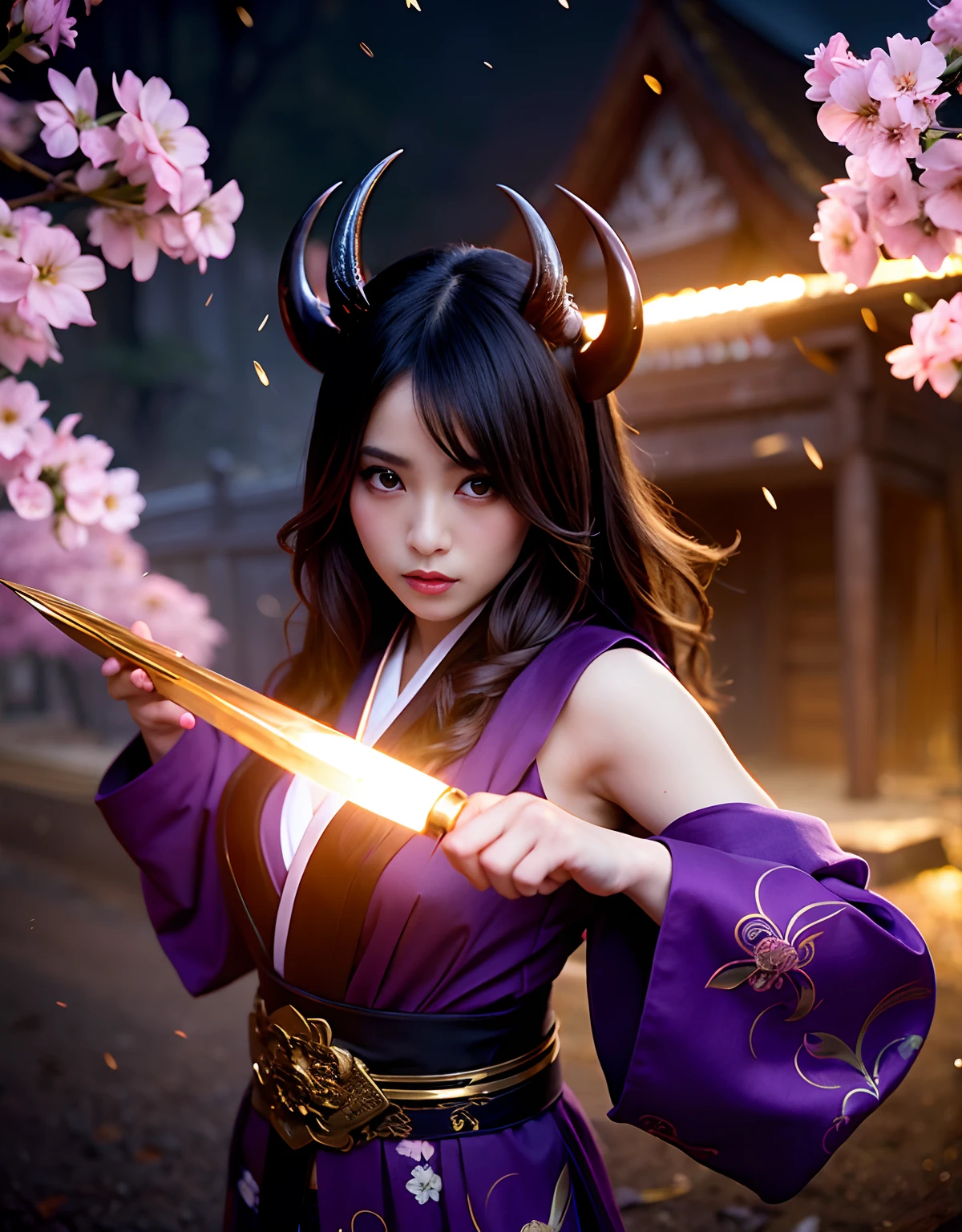 ((World of Darkness)),Professional , masterpiece、top-quality、photos realistic , depth of fields 、(sexypose)、(Background of cherry blossoms in full bloom),(Ultimate Beauty)、A dark-haired、(Fight ninjas)、(Kimono with beautiful pattern)、(Night background)、((a dark night)),(Wear a beautiful kimono),(Wear a beautiful kimono with colorful floral patterns)、Jewel Gold Weapon、Particles of light),(Has a devil's mask)、Gorgeous gold weapons ,(( Gorgeous Dragon Sword)) , (a dark night),,(maikurobikini) 、((Black Haired Beautiful Girl))、(Castle background)、(demonic wings)、((Gangle's forest background))、Beautiful Caucasian beauty、1a person、dynamic ungle,(((Two devil's horns on the head)))、Smaller head、Idle Smile、Thin and beautiful female hands、Mystical expression、Light Effects、intense fighting、Wind-effect、magic circles、With the legendary magic wand、Dragon's tail、