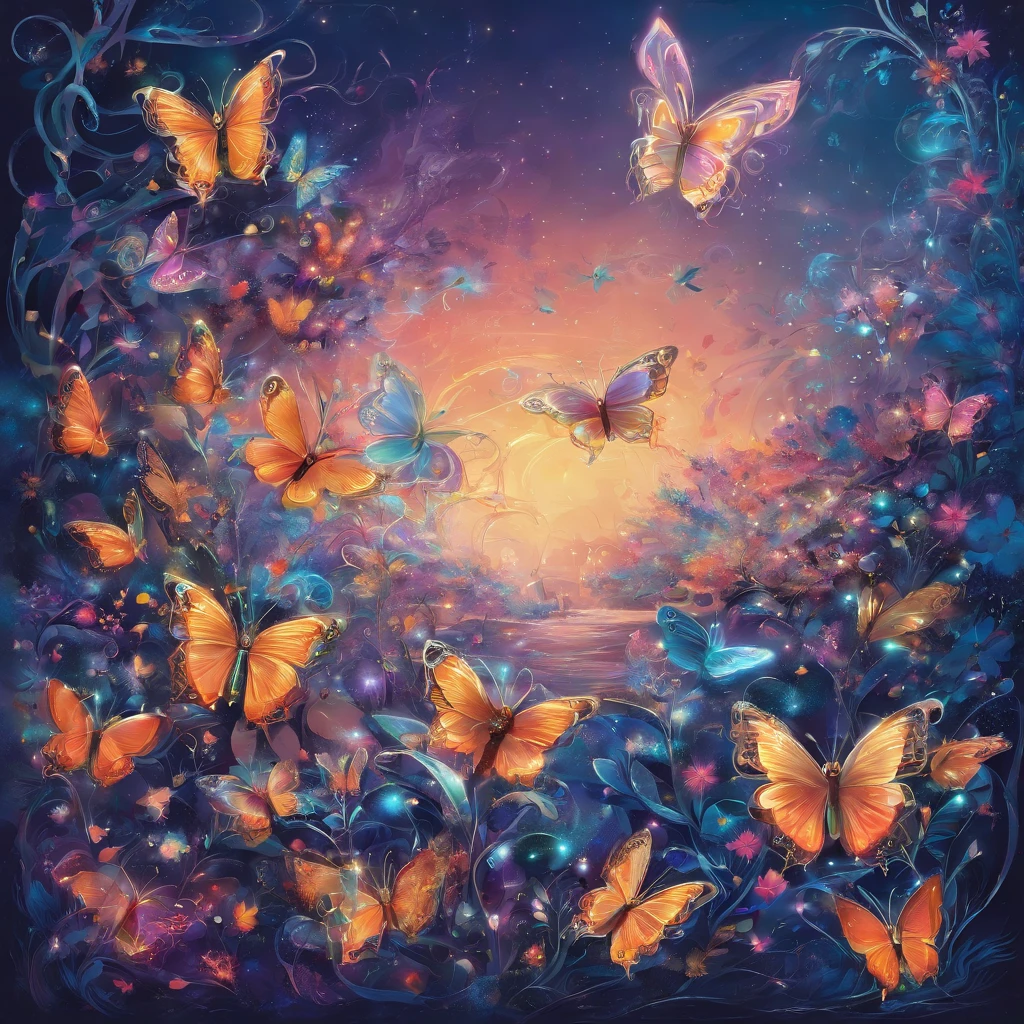 The dancing butterflies rest among the silver flowers at night, masterpiece, best quality