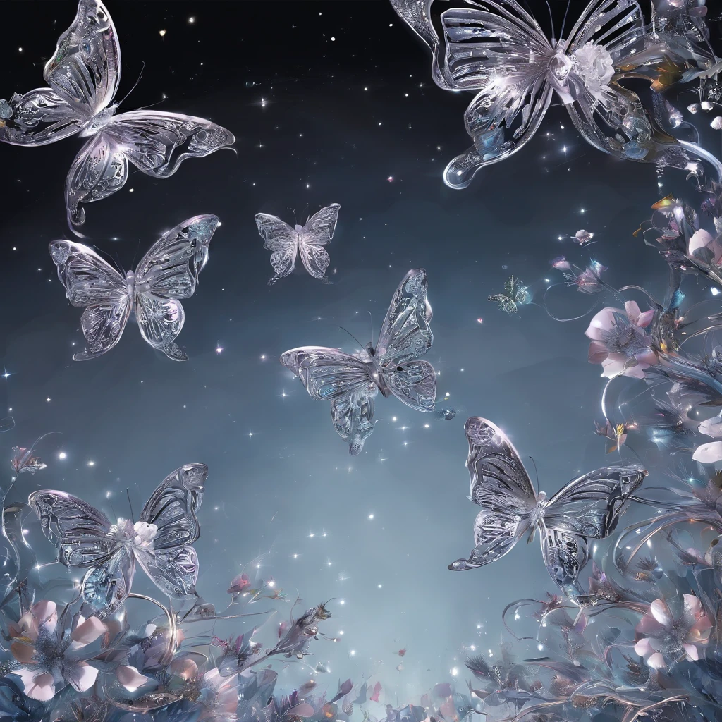 The dancing butterflies rest among the silver flowers at night, masterpiece, best quality