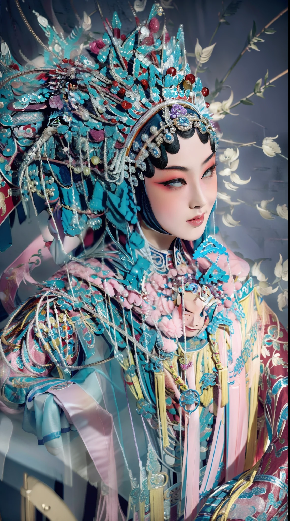 Masterpiece, Best quality, Masterpiece, Best quality, 1girll,  beijing opera,tchibi，（tmasterpiece，top Quority，best qualtiy，offcial art，Beauty and aesthetics：1.2），（1girll：1.3），The is very detailed，（s fractal art：1.1），Most detailed，（ zentangle:1.2), full bodyesbian, (abstract backgrounds:1.3), (Shiny skin), (many color:1.4),