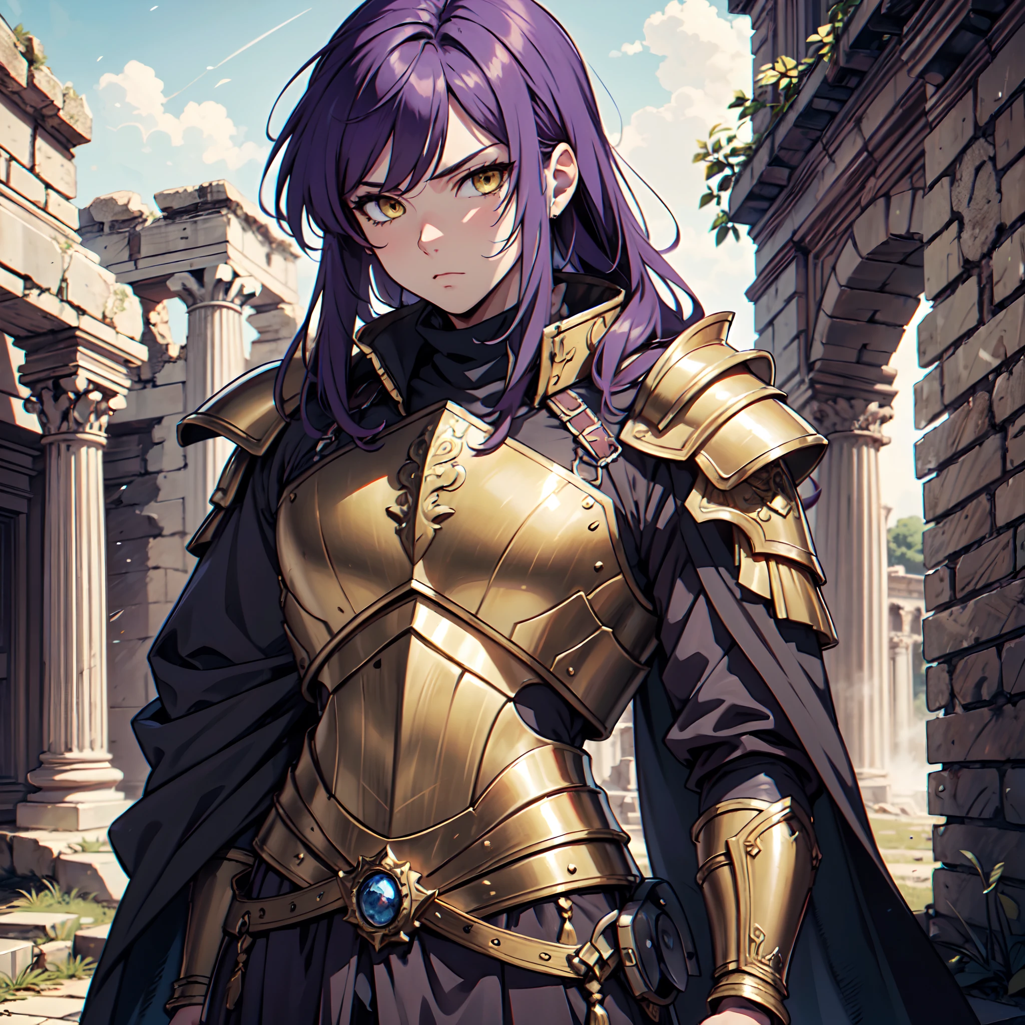 Ultra High Definition,
Ultra High Quality,
Hyper Definition,
Hyper Quality,
Hyper Detailed,
Extremely Detailed,
Perfectly Detailed,
Masterpiece,
8k,
1 Boy,
Anime,
Long Purple Hair,
Under Cut Hairstyle,
Solid Yellow Eyes,
Handsome,
Armored With Roman Emperor Armor,
Body Shot,
Ancient Roman Empire Ruins Background,