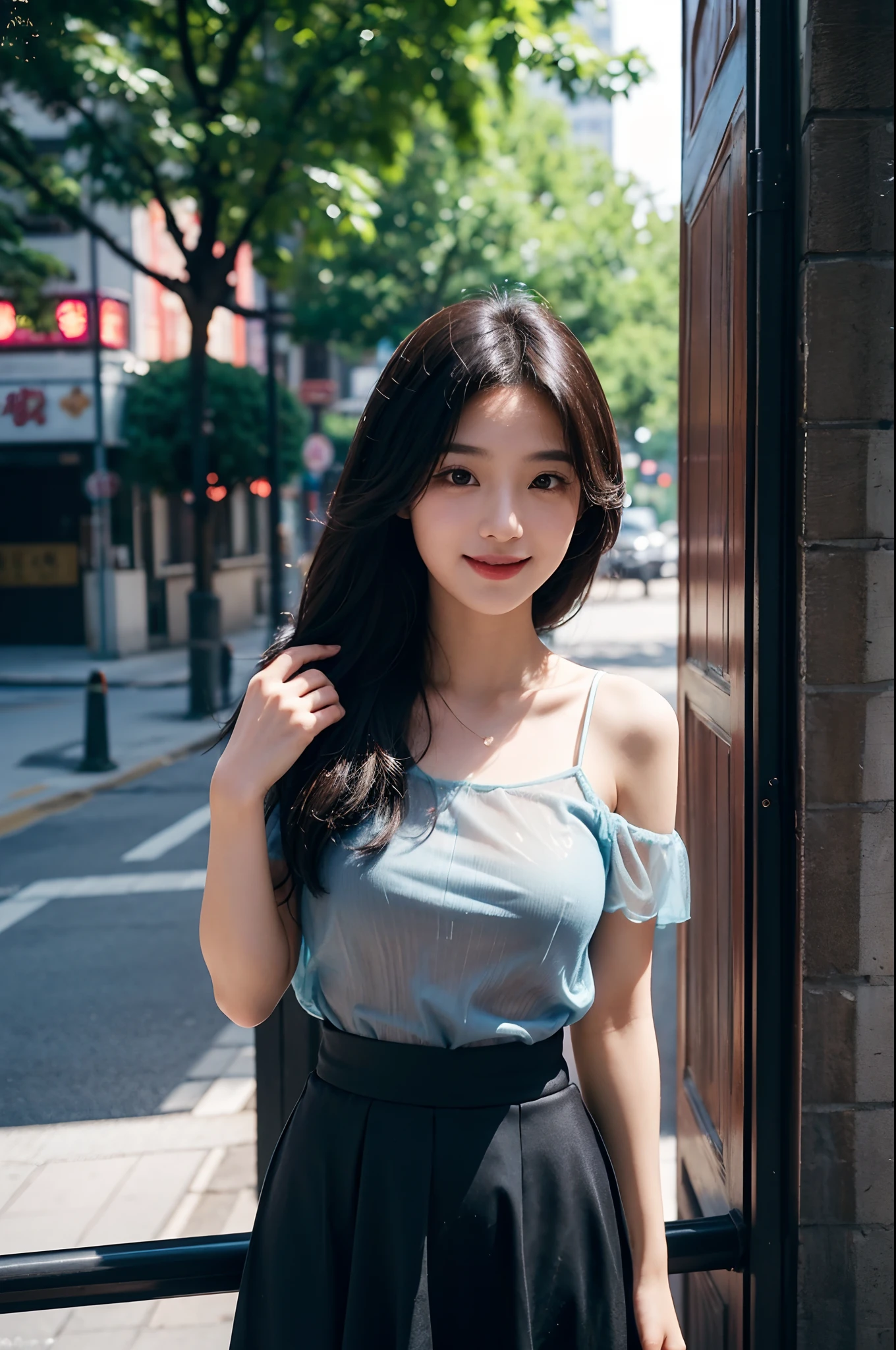 arafed asian woman with long hair and black shirt posing for a picture, chiho, 🤤 girl portrait, a young asian woman, young adorable korean face, young cute wan asian face, korean girl, young asian girl, portrait of female korean idol, detailed face of a asian girl, south east asian with round face, close up portrait photo,cowboy shot、bokeh dof:1.2、plein air、1980s\(styles\)、Vintage Details、A city scape、 1 girl,A fitted,独奏,(Bright smile:1.3),(1980s dresses,(See-through skirt:1.2)),(shortsleeves,off shoulders:1.1),dynamicposes,Look at viewers, (medium_breasts:1.2)、(floating_hair)、tiny_waist、(realistic_detailed_skin_texture:1.1)、good hand、pin-up、good feet、This scene is、Beautiful depth of field and a little blurry、Nostalgic background、Film Portrait Photography、35mm film、filmg、(8k、RAW Photography、top-quality、masterpiece:1.2)、(realisitic、Photorealsitic:1.4)、超A high resolution、photon maping,Radio City,((Hasselblad photo)),physically-based renderingt,Professional Soft Writing,Facial light,