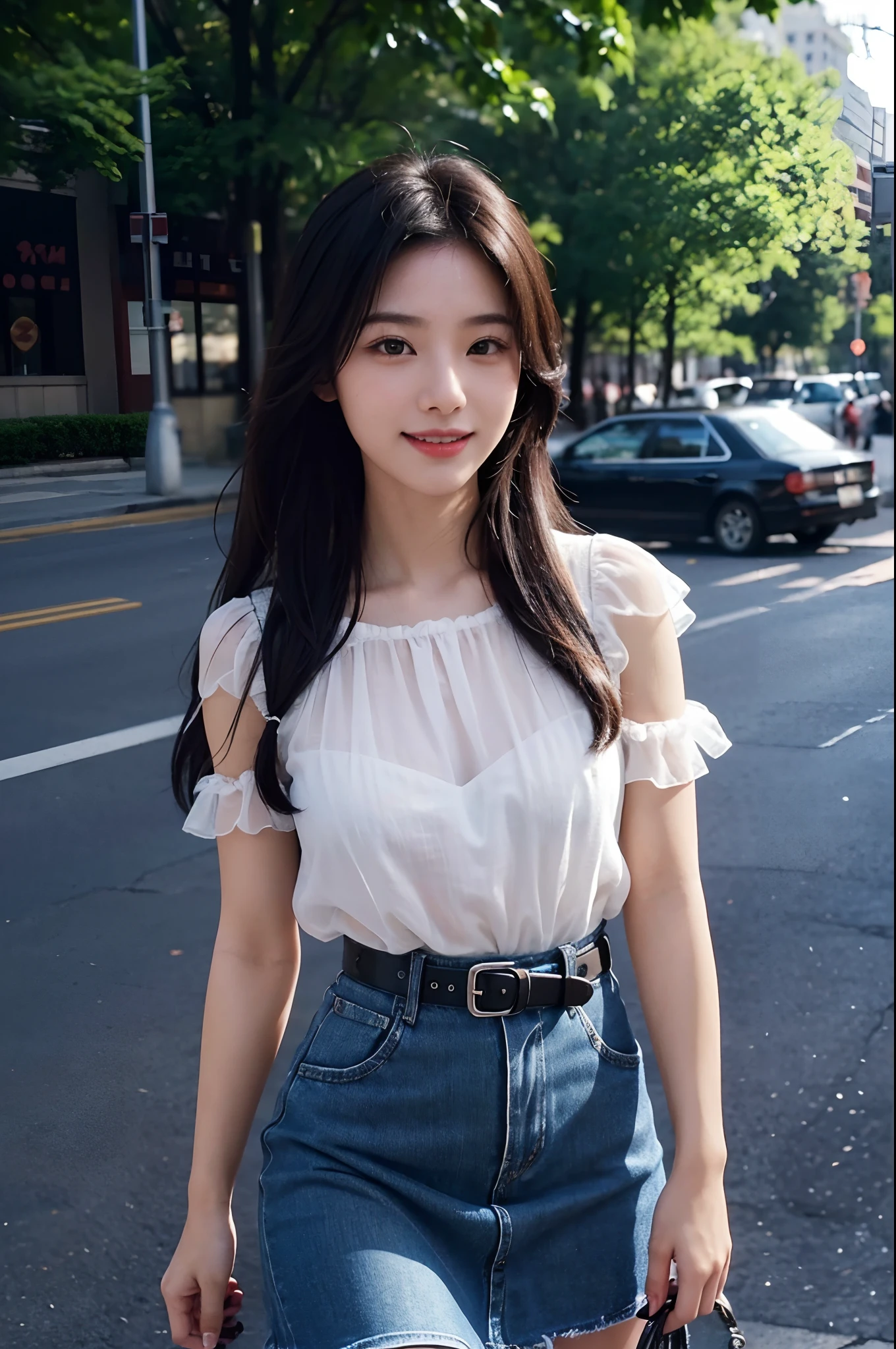 arafed asian woman with long hair and black shirt posing for a picture, chiho, 🤤 girl portrait, a young asian woman, young adorable korean face, young cute wan asian face, korean girl, young asian girl, portrait of female korean idol, detailed face of a asian girl, south east asian with round face, close up portrait photo,cowboy shot、bokeh dof:1.2、plein air、1980s\(styles\)、Vintage Details、A city scape、 1 girl,A fitted,独奏,(Bright smile:1.3),(1980s dresses,(See-through skirt:1.2)),(shortsleeves,off shoulders:1.1),dynamicposes,Look at viewers, (medium_breasts:1.2)、(floating_hair)、tiny_waist、(realistic_detailed_skin_texture:1.1)、good hand、pin-up、good feet、This scene is、Beautiful depth of field and a little blurry、Nostalgic background、Film Portrait Photography、35mm film、filmg、(8k、RAW Photography、top-quality、masterpiece:1.2)、(realisitic、Photorealsitic:1.4)、超A high resolution、photon maping,Radio City,((Hasselblad photo)),physically-based renderingt,Professional Soft Writing,Facial light,