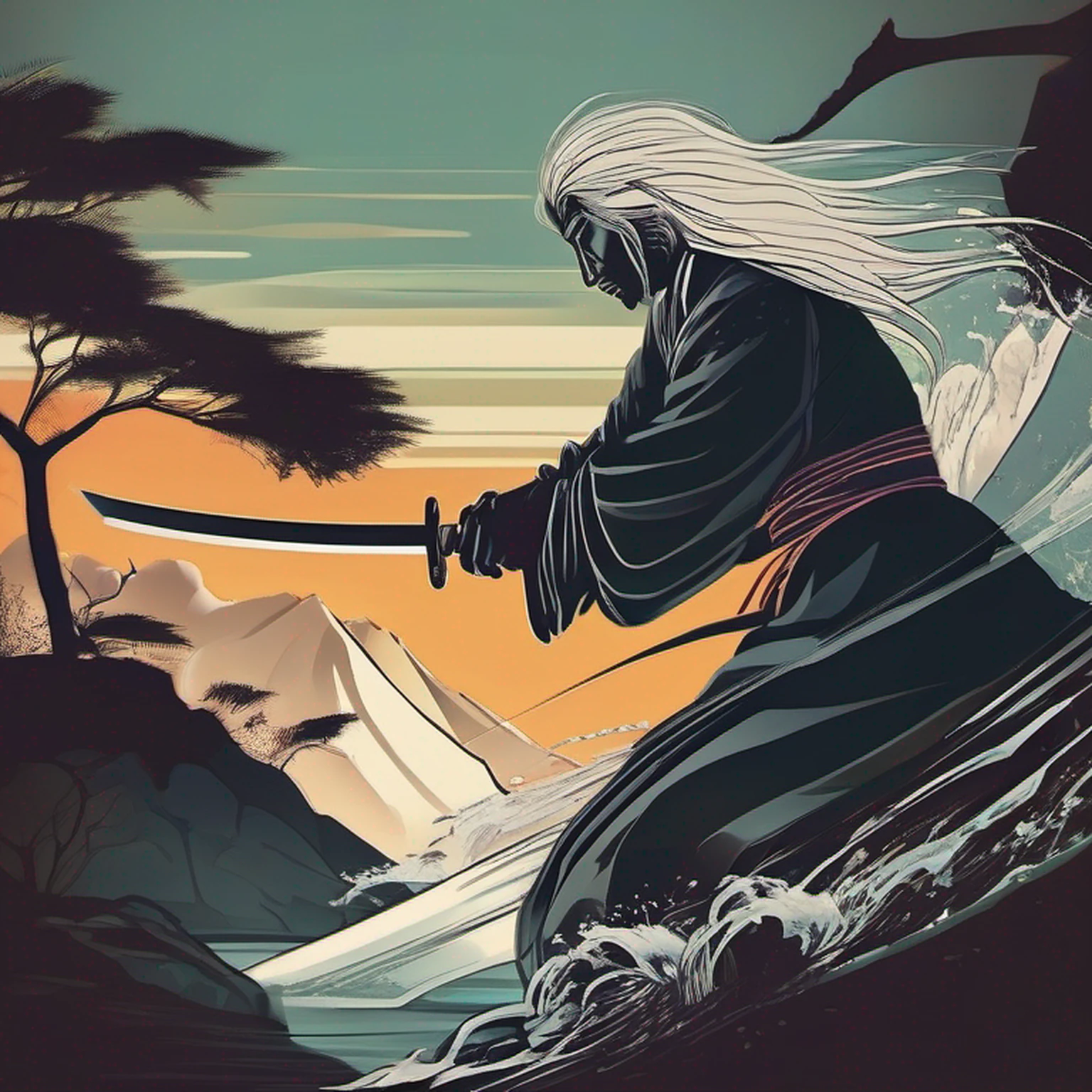 (Morte jogo homem vs mulher).Close-up of a samurai cutting water with his katana,cabelo preto longo com uma cicatriz na testa de um corte,homem adulto bonito,barba curta,Exprecion de pas and tranquility flowing like water,Mestre com a Espada,Samurai com quimono preto,Espada super afiada e brilhante,sob uma cachoeira,Cachoeira com pedras e um rio,Estilo anime,graphic art,alta qualidade,highes definition,obra prima,Qualidade de desenho profissional,Muitos detalhes,cores definidas,linhas grossas,
