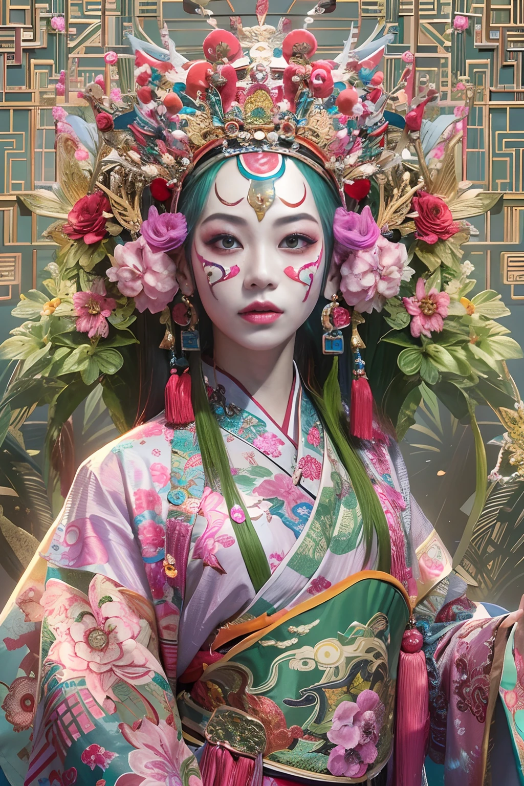 Woman in traditional Chinese clothing，Phoenix crown，Peking Opera masks，（tmasterpiece，top Quority，best qualtiy，offcial art，Beauty and aesthetics：1.2），（1girll：1.3），The is very detailed，（s fractal art：1.1），Most detailed，（ zentangle:1.2), full bodyesbian, (abstract backgrounds:1.3), (Shiny skin), (many color:1.4), ,(Earrings), (feater:1.5), inspired by Xie Huan, beijing opera, inspired by Chen Rong, flower mask, inspired by Wang Ximeng, inspired by Liu Jun, ruan jian, geisha mask, inspired by Zhang Wo, inspired by Wu Bin, Chinese art