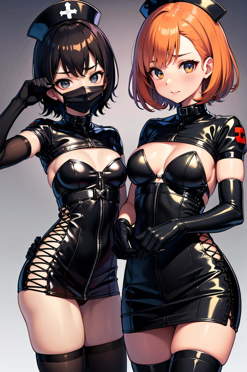 black nurse, 1girl in, Nurse, Nurse Cap, Blackware, Black legwear, Black Elbow Gloves, Very short hair, Orange hair, Black surgical mask, Cover the nose, Standing, surgery room, sharp outline, zettai ryouiki, Short sleeves, boyish, Best Quality, masutepiece