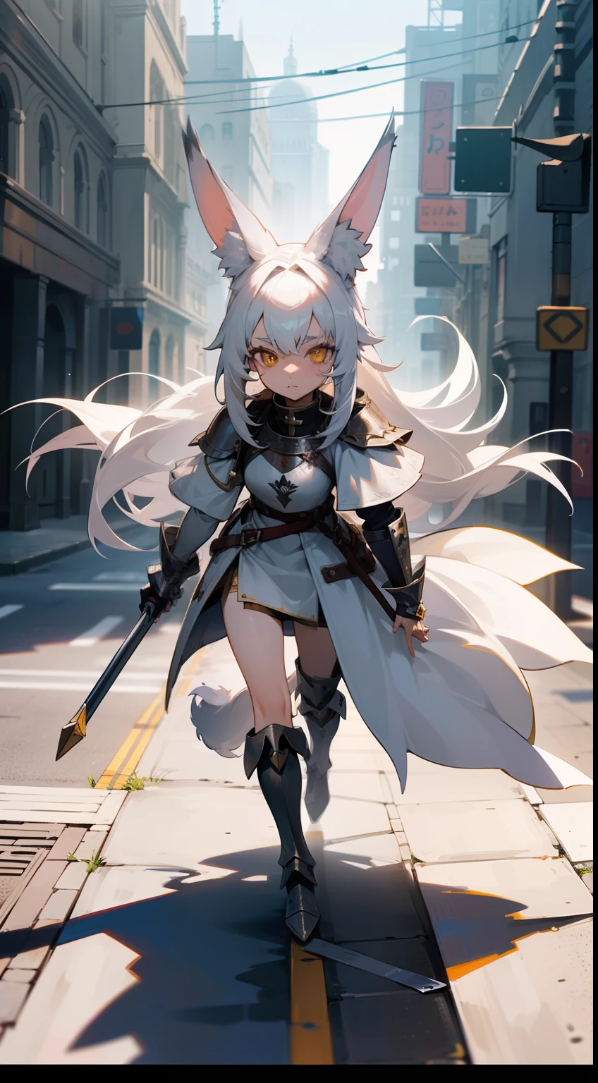 1girl,small,10years,white hair,Long rabbit ears,yellow eyes,long hair,wolf tail,templar silver knight outfit,knight,walking in the road,masterpiecd,hd,4k,best face,detailed face,innocent face,