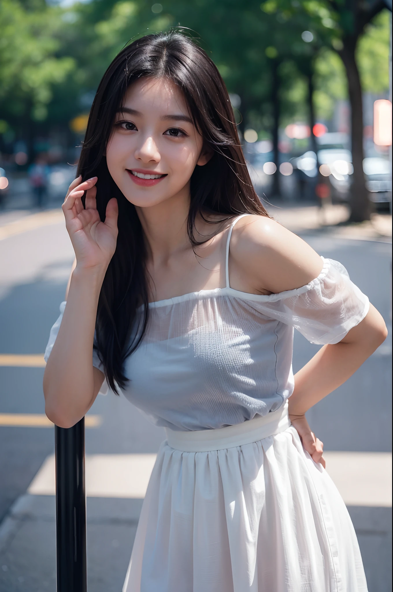arafed asian woman with long hair and black shirt posing for a picture, chiho, 🤤 girl portrait, a young asian woman, young adorable korean face, young cute wan asian face, korean girl, young asian girl, portrait of female korean idol, detailed face of a asian girl, south east asian with round face, close up portrait photo,cowboy shot、bokeh dof:1.2、plein air、1980s\(styles\)、Vintage Details、A city scape、 1 Teenage girl,A fitted,独奏,(Bright smile:1.3),(1980s dresses,(See-through skirt:1.2)),(shortsleeves,off shoulders:1.1),dynamicposes,Look at viewers, (medium_breasts:1.2)、(floating_hair)、tiny_waist、(realistic_detailed_skin_texture:1.1)、good hand、pin-up、good feet、This scene is、Beautiful depth of field and a little blurry、Nostalgic background、Film Portrait Photography、35mm film、filmg、(8k、RAW Photography、top-quality、​masterpiece:1.2)、(realisitic、Photorealsitic:1.4)、超A high resolution、photon maping,Radio City,((Hasselblad photo)),physically-based renderingt,Professional Soft Writing,Facial light,