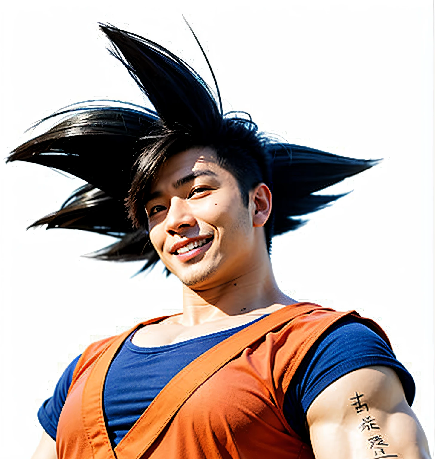 a young asian muscular man smiling with black hair and wearing orange top over blue shirt, ultra realistic, high quality, detailed face