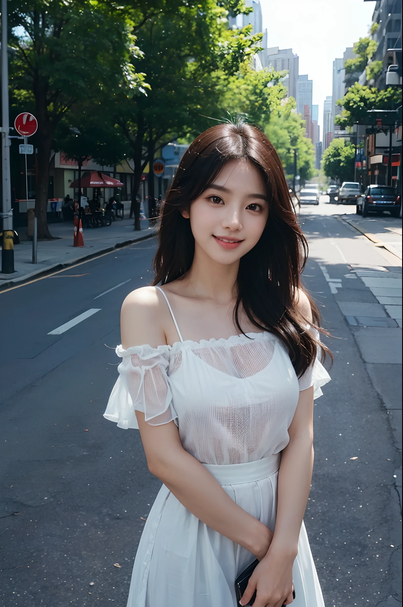 arafed asian woman with long hair and black shirt posing for a picture, chiho, 🤤 girl portrait, a young asian woman, young adorable korean face, young cute wan asian face, korean girl, young asian girl, portrait of female korean idol, detailed face of a asian girl, south east asian with round face, close up portrait photo,cowboy shot、bokeh dof:1.2、plein air、1980s\(styles\)、Vintage Details、A city scape、 1 Teenage girl,A fitted,独奏,(Bright smile:1.3),(1980s dresses,(See-through skirt:1.2)),(shortsleeves,off shoulders:1.1),dynamicposes,Look at viewers, (medium_breasts:1.2)、(floating_hair)、tiny_waist、(realistic_detailed_skin_texture:1.1)、good hand、pin-up、good feet、This scene is、Beautiful depth of field and a little blurry、Nostalgic background、Film Portrait Photography、35mm film、filmg、(8k、RAW Photography、top-quality、masterpiece:1.2)、(realisitic、Photorealsitic:1.4)、超A high resolution、photon maping,Radio City,((Hasselblad photo)),physically-based renderingt,Professional Soft Writing,Facial light,