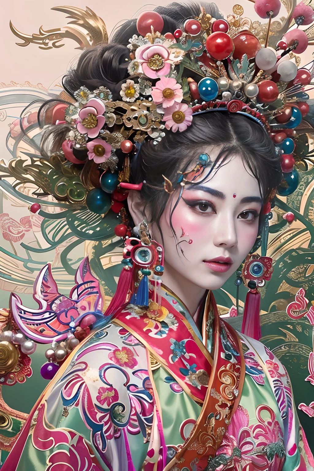 Woman in traditional Chinese clothing，Phoenix crown，Chinese Ghost Festival，（tmasterpiece，top Quority，best qualtiy，offcial art，Beauty and aesthetics：1.2），（1girll：1.3），The is very detailed，（s fractal art：1.1），Most detailed，（ zentangle:1.2), full bodyesbian, (abstract backgrounds:1.3), (Shiny skin), (many color:1.4), ,(Earrings), (feater:1.5), inspired by Xie Huan, beijing opera, inspired by Chen Rong, flower mask, inspired by Wang Ximeng, inspired by Liu Jun, ruan jian, geisha mask, inspired by Zhang Wo, inspired by Wu Bin, Chinese art