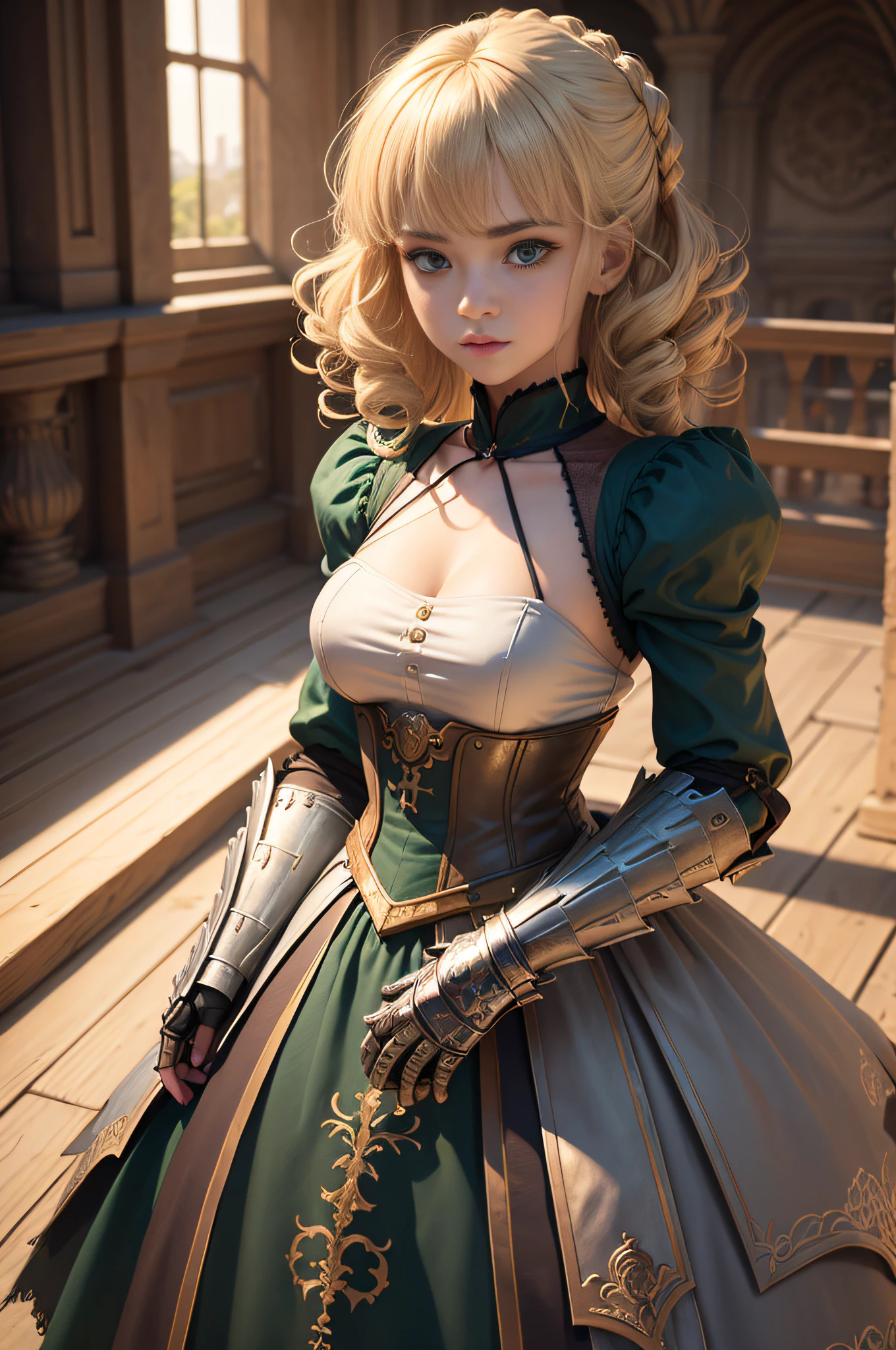 1girl, masterpiece, best quality, 8k, detailed skin texture, detailed cloth texture, beautiful detailed face, intricate details, ultra detailed, a european girl, green eyes, blonde curly hai, 3D character, Medieval Knight