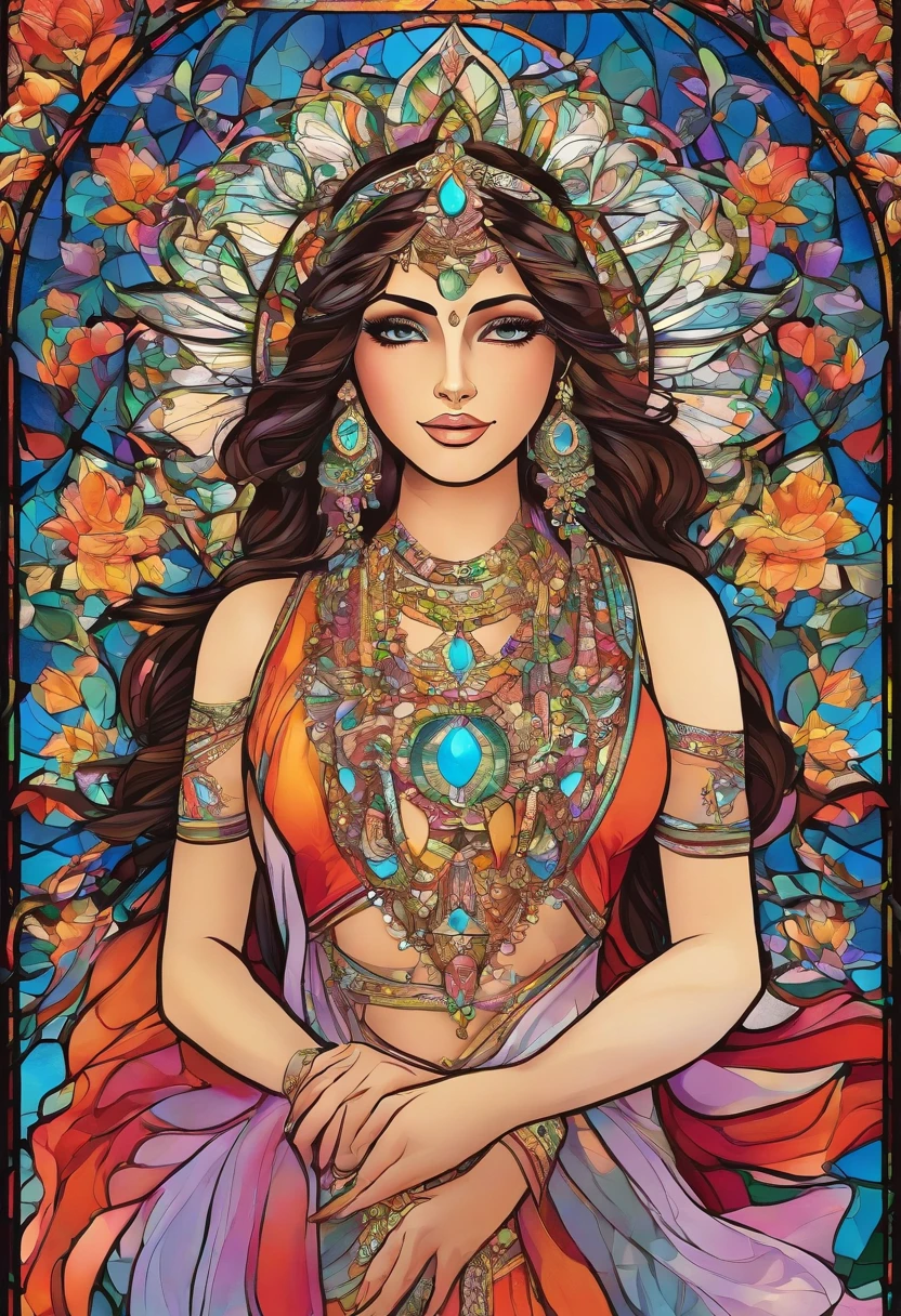 highly detailed), (illustration), (intricate), (beautiful face), (attractive body), (complete body picture), modern indian goddess, transparent clothes, dynamic pose, flying flower petals, colorful, eye-catching, heavenly.
