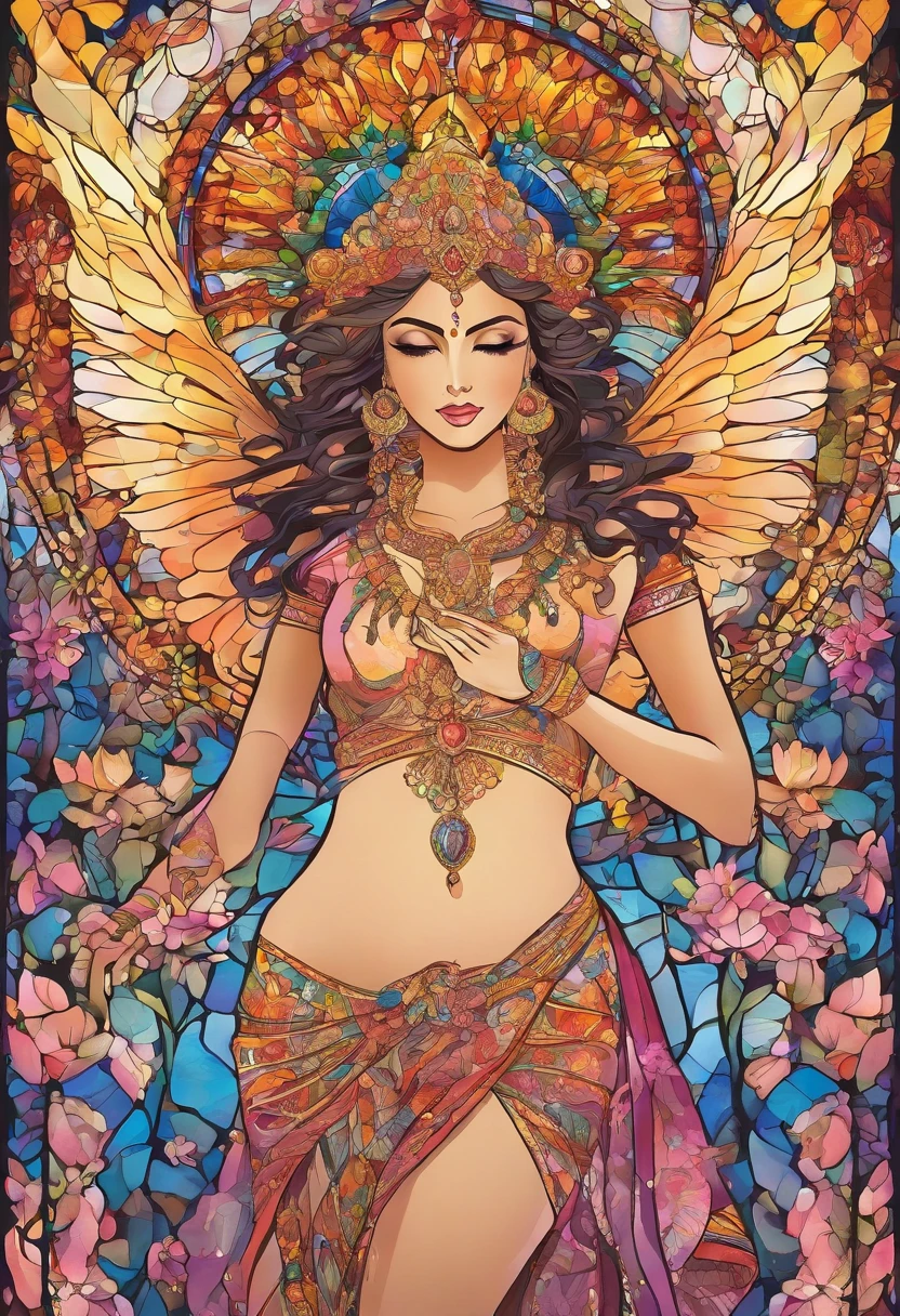 highly detailed), (illustration), (intricate), (beautiful face), (attractive body), (complete body picture), modern indian goddess, transparent clothes, dynamic pose, flying flower petals, colorful, eye-catching, heavenly.